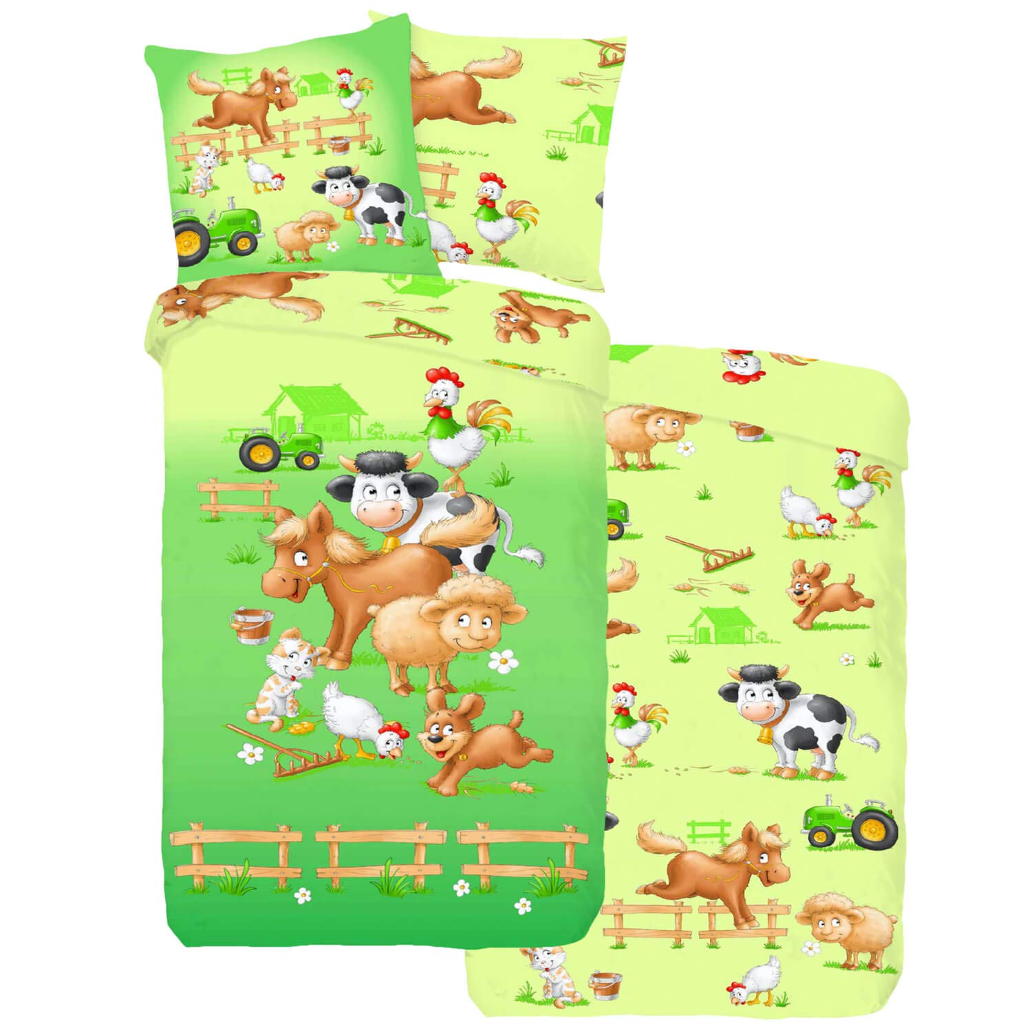 Bettwäsche Sleep and Dream Farm Tiere Pferd Kuh Traktor Huhn Hahn Schaf Katze Bunt Renforcé, Größe:135 cm x 200 cm