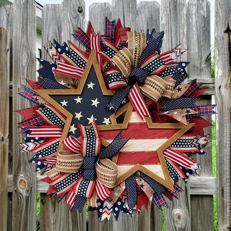 Generic Patriotic Wreath 4th of July Wreaths for Front Door, Memorial Day Wreaths, Summer Red White and Blue Flag Theme Independence Day Wreath for