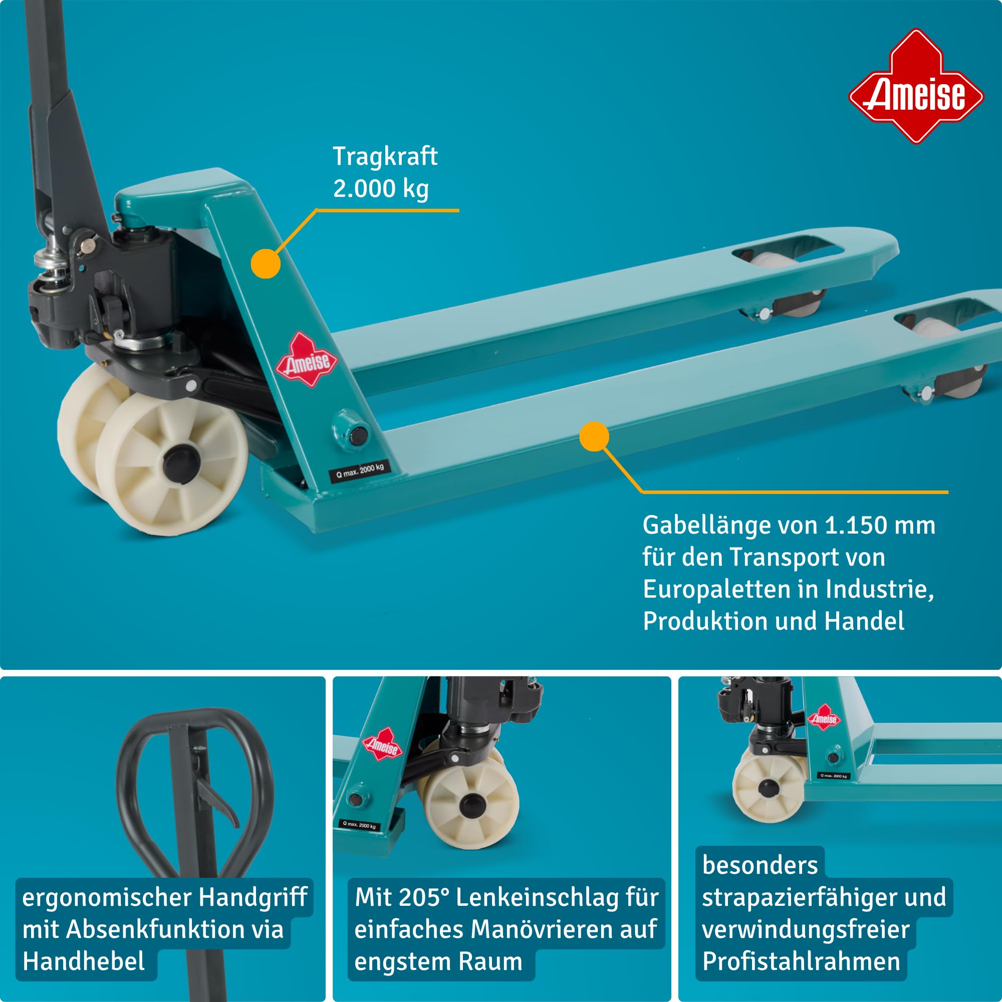 Ameise Hubwagen PTM | 2.000 kg Tragkraft | 1.150 mm Gabellänge | Lenkrad/Gabelrolle aus verschleißarmen Nylon | Einfach-Gabelrollen | Palettenhubwagen