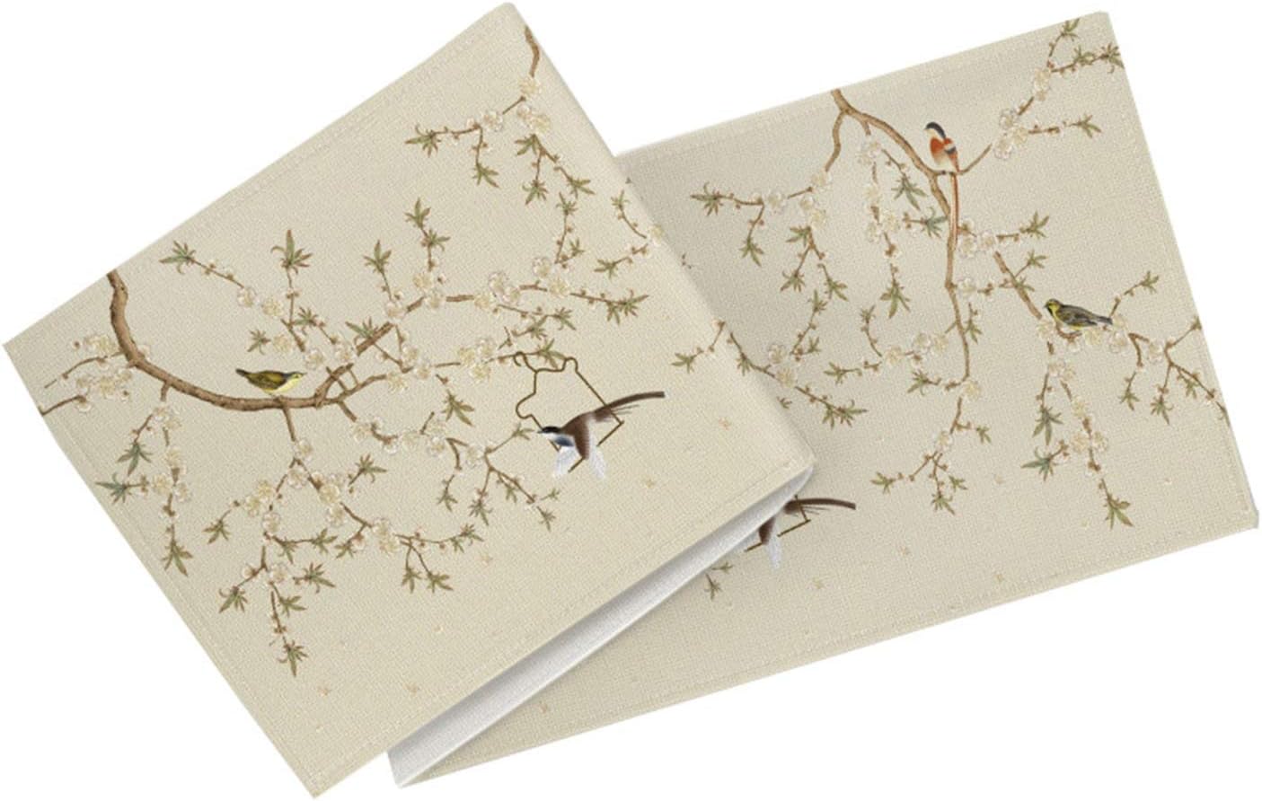Home Decor Table Runner,32x260CM,Peach Blossoms and Birds Table Runner Decoration Polyester,Home Decor Table Runner Beige
