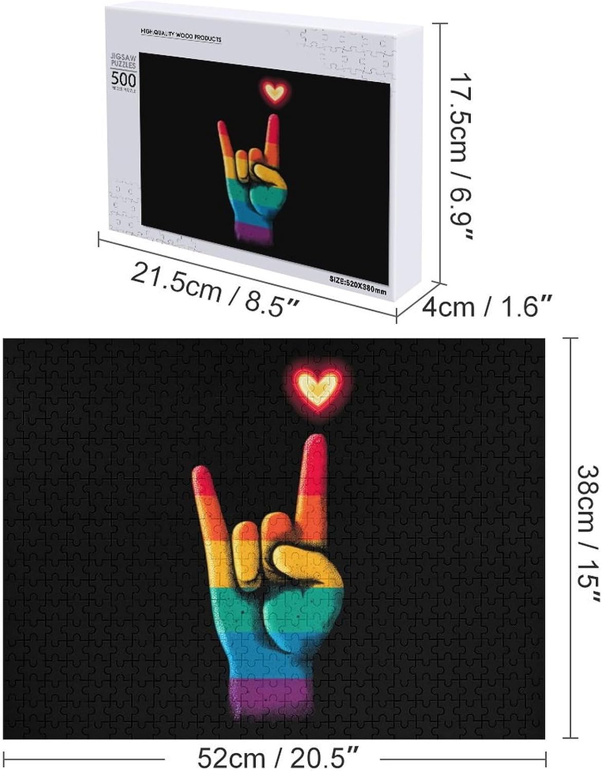Gay Rock Hand Rainbow Flag Puzzles for Adults 500 PCS Wooden Jigsaw Puzzle Wall Decor Christmas