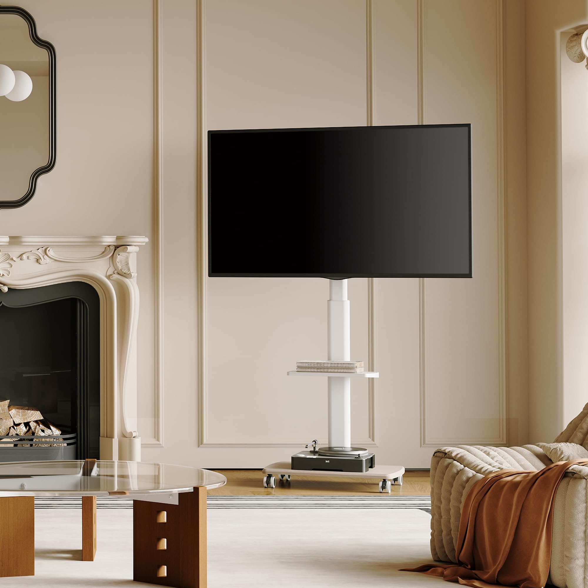 FITUEYES Support TV roulettes avec Pied en Bois de 20 MM pour TV de 32 à 70 Pouces,Support Television sur Pied Pivotant 60° et 6 Réglages de Hauteur jusqu'à 40 KG,Max VESA 600 x 400 MM