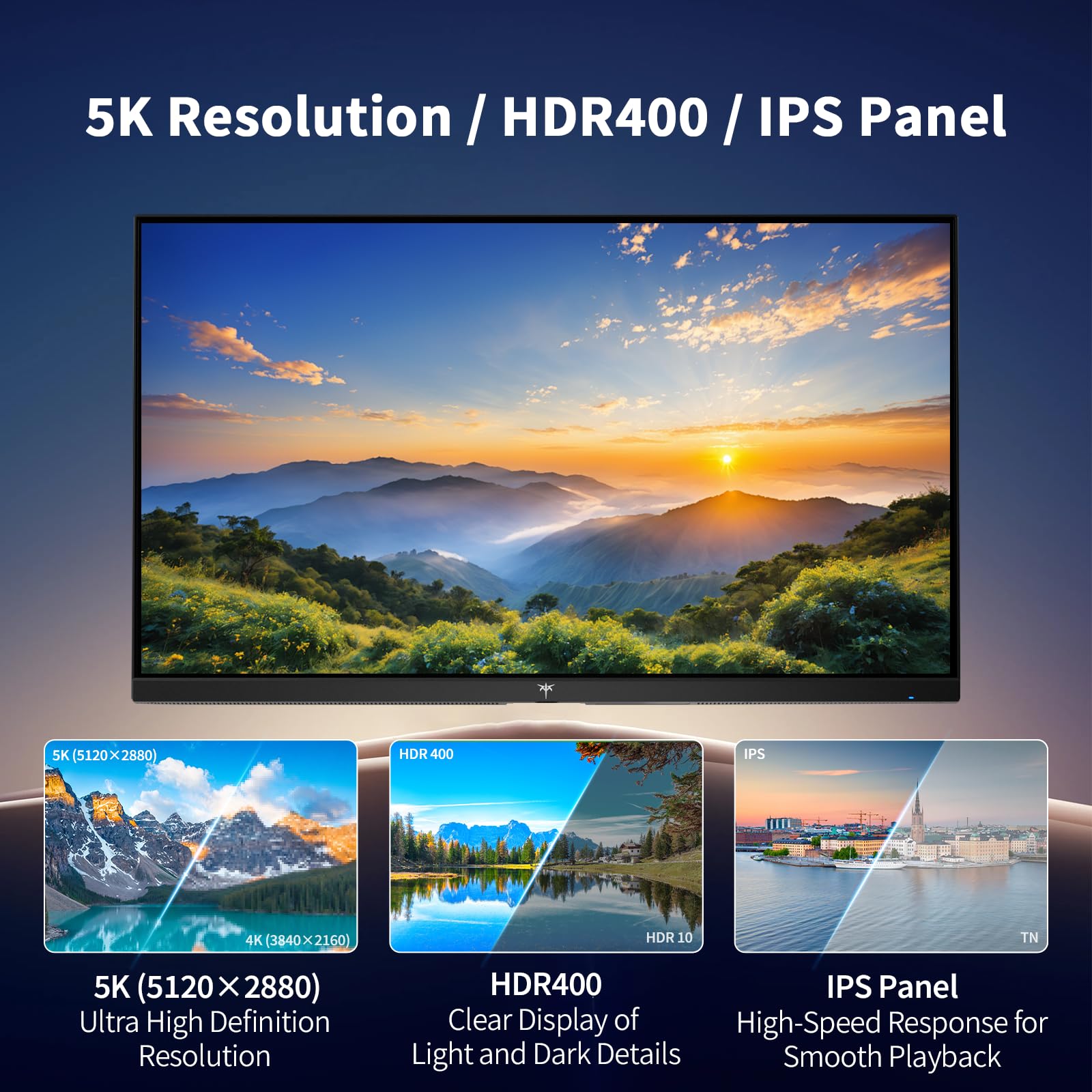 KTC 5K Monitor 27 Inch | Dual Mode 5K (5120x2880) @60Hz / 2K@120Hz Seamless Switching | | 99% DCI-P3, 100% sRGB, ΔE＜2 | 1 x Full Function USB C, 2 x USB A 3.0 | HDR400 | Compatible with Mac Mini — view 3