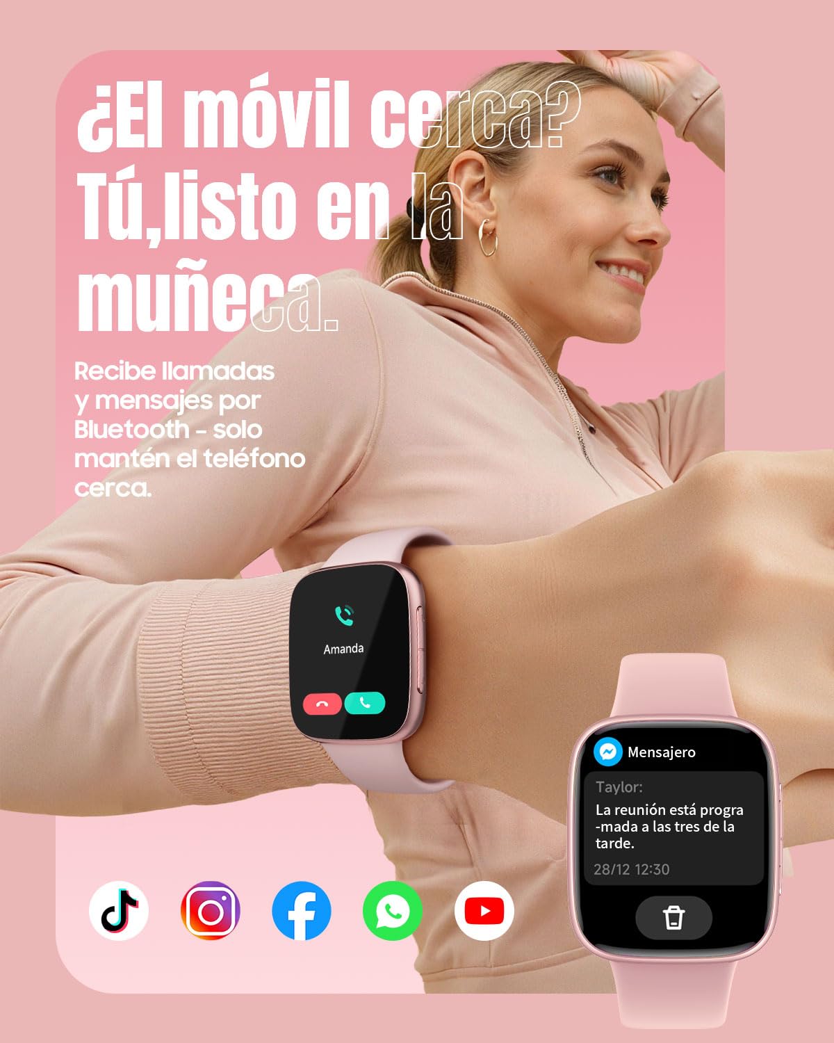 Reloj Inteligente Mujer, Smartwatch con Pantalla AMOLED, Resistente al Agua 3ATM para Natación, Llamadas Entrantes/Salientes, Reloj Deportivo con Ritmo Cardíaco/Sueño/100 Deportes, Rosa