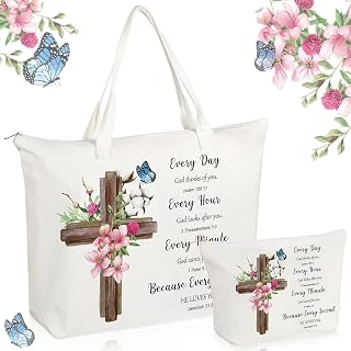 2 Pcs Christian Gift Canvas Tote Bag for Women with Makeup Bag Bible Verse Tote Bag Religious Inspirational Reusable Shopping Bag Shoulder Grocery Bag Floral Canvas Cosmetic Bag Set for Xmas Gift