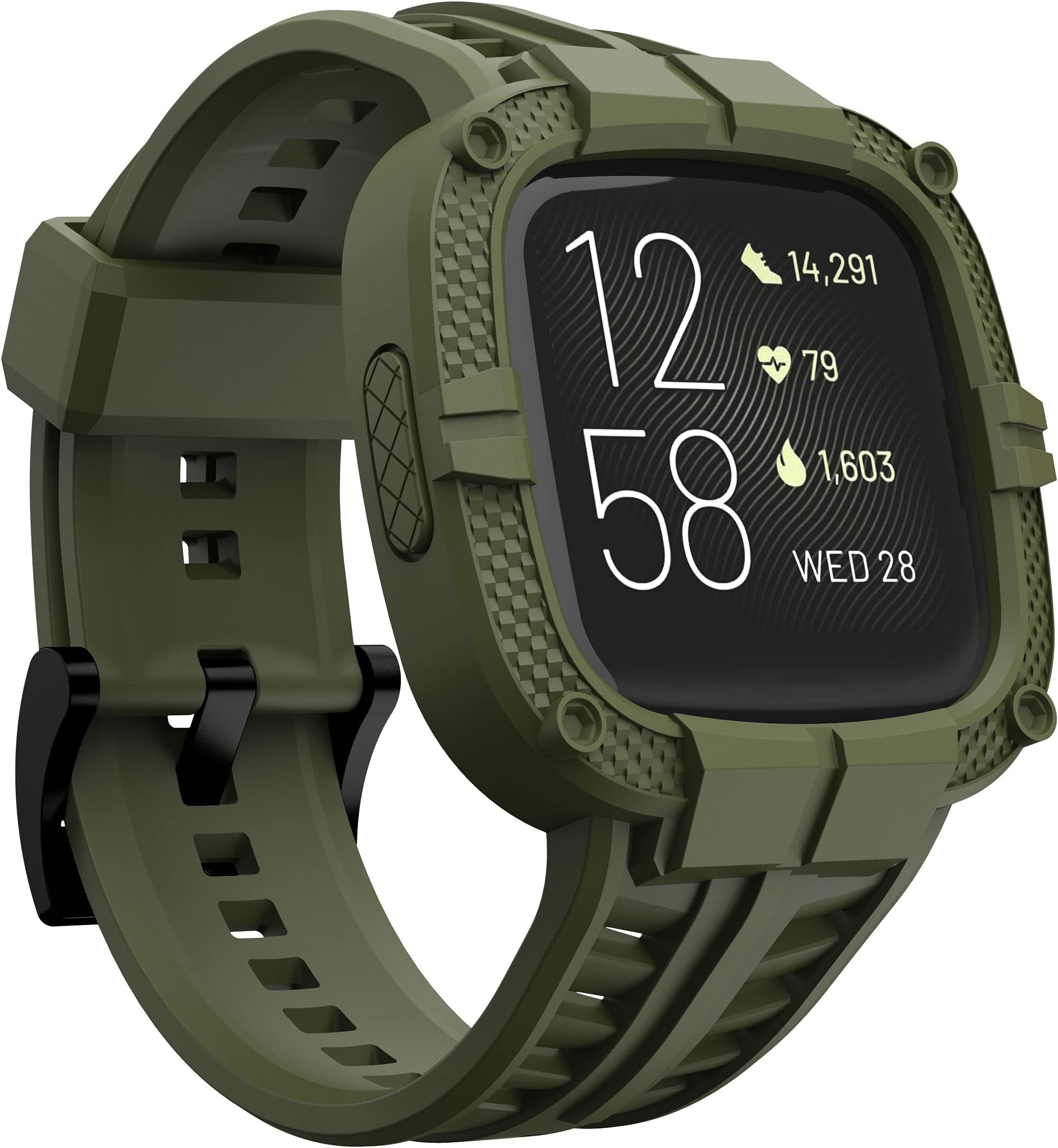 GELISHI Compatible for Fitbit Versa 2 Bands with Case, Men Protective Case Band Rugged Sport Wristbands Strap for Smartwatch - Army Green