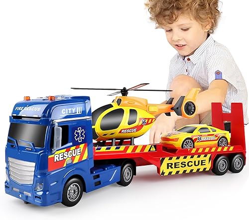Miniatura 11 de Dwi Dowellin Juguetes para niños pequeños de 3, 4, 5, 6 años, semirremolque de 25 pulgadas con coche de carreras y helicóptero, juguetes de policía,