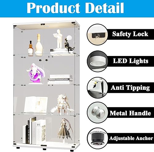 Miniatura 274 de Vitrina de cristal con 4 estantes con tira de luces LED y cerradura, vitrina de vitrina con ruedas y 1 puerta, vitrina de vidrio templado para sala