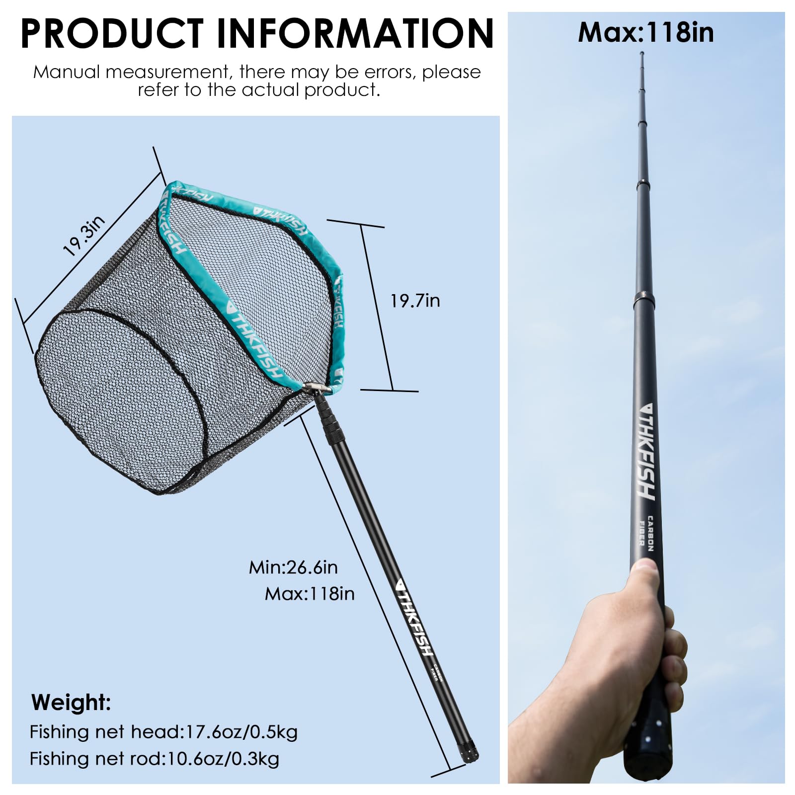 THKFISH Podbierak wędkarski, podbierak z włókna węglowego z długim uchwytem, teleskopowy podbierak wędkarski o długości 210-400 cm, aluminiowa rama, podbierak gumowany, podbierak na ryby, podbierak