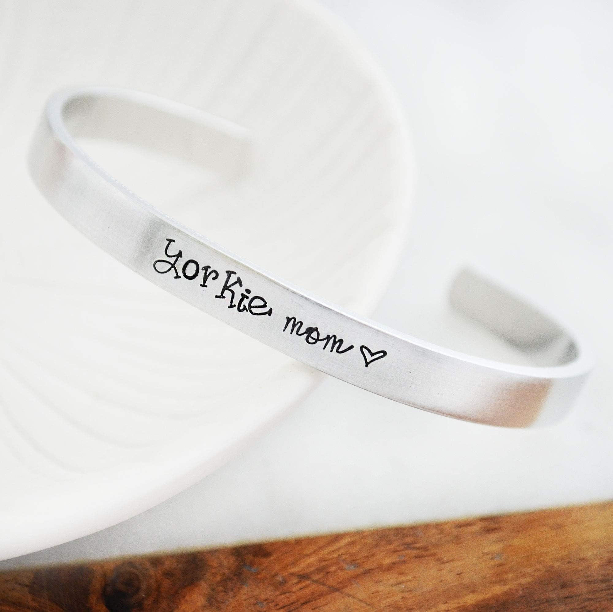 Yorkie Dog Mom Cuff Bracelet Yorkshire Terrier Hand Stamped Metal Jewelry Silvertone Pet Adoption Rescue Gift for Teen Women Grad
