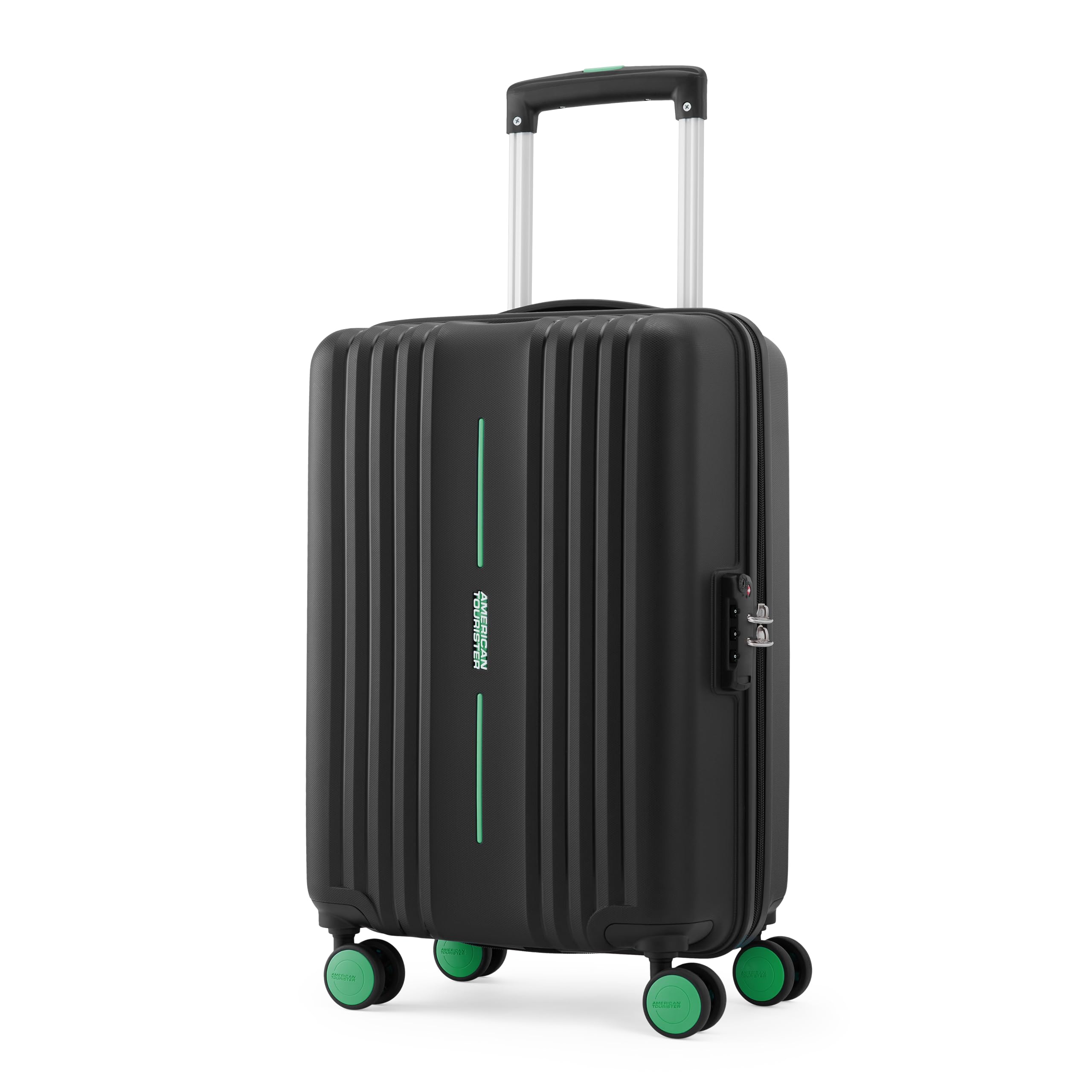 American Tourister Cleva S | Cabin Trolley Bag (55 cm) | 360° 8 Wheel Travel Luggage | 2 Compartments | Hard Luggage Polypropylene Suitcase | Mounted TSA Lock | 3 Years Warranty |Black & Aura Green