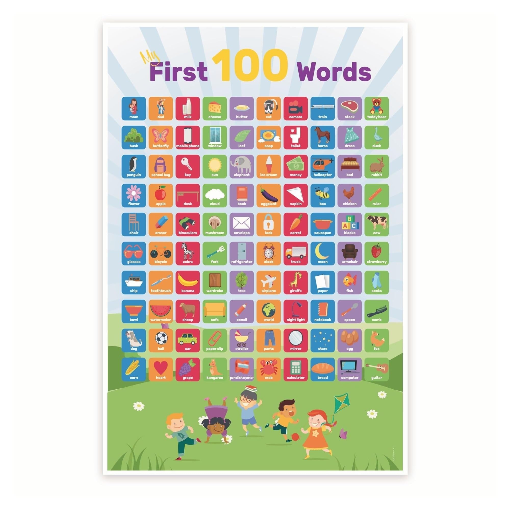 HGETJOHXEM Early Childhood Education Poster - First 100 Basic English Words - Vocabulary Building Wall Chart for Preschool Homeschool(Framed,12x18inch(30x45cm))