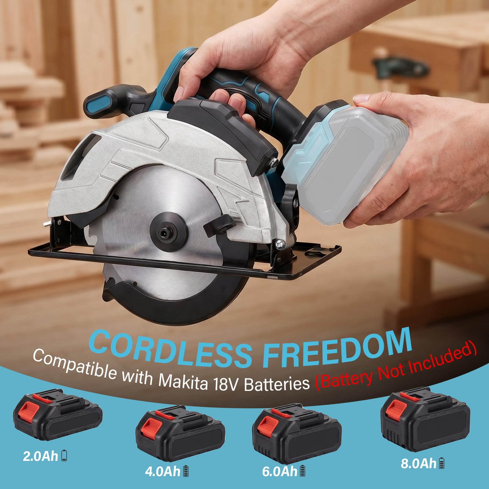 Professional Kreissäge kompatibel mit Makita 18 V Akku mit 2 Sägeblättern (185mm), Schnitttiefe: 60mm, Mit Laser, Handkreissäge, Akku-Kreissäge Bürstenlose Säge mit Einstellbarer Schnittwinkel Tiefe