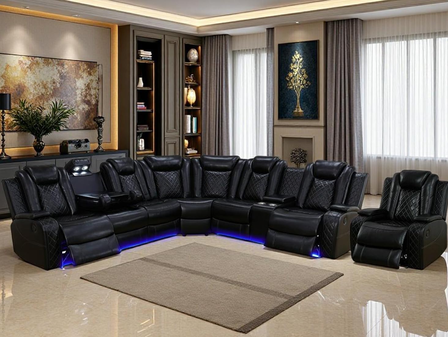 Power Reclining Sofa Set with LED Light,Leather Sectional Couch, Living Room Furniture Sets, Modern Power Recliner Sofa Sets with Cup Holder/Storage Console for Living Room(Black)