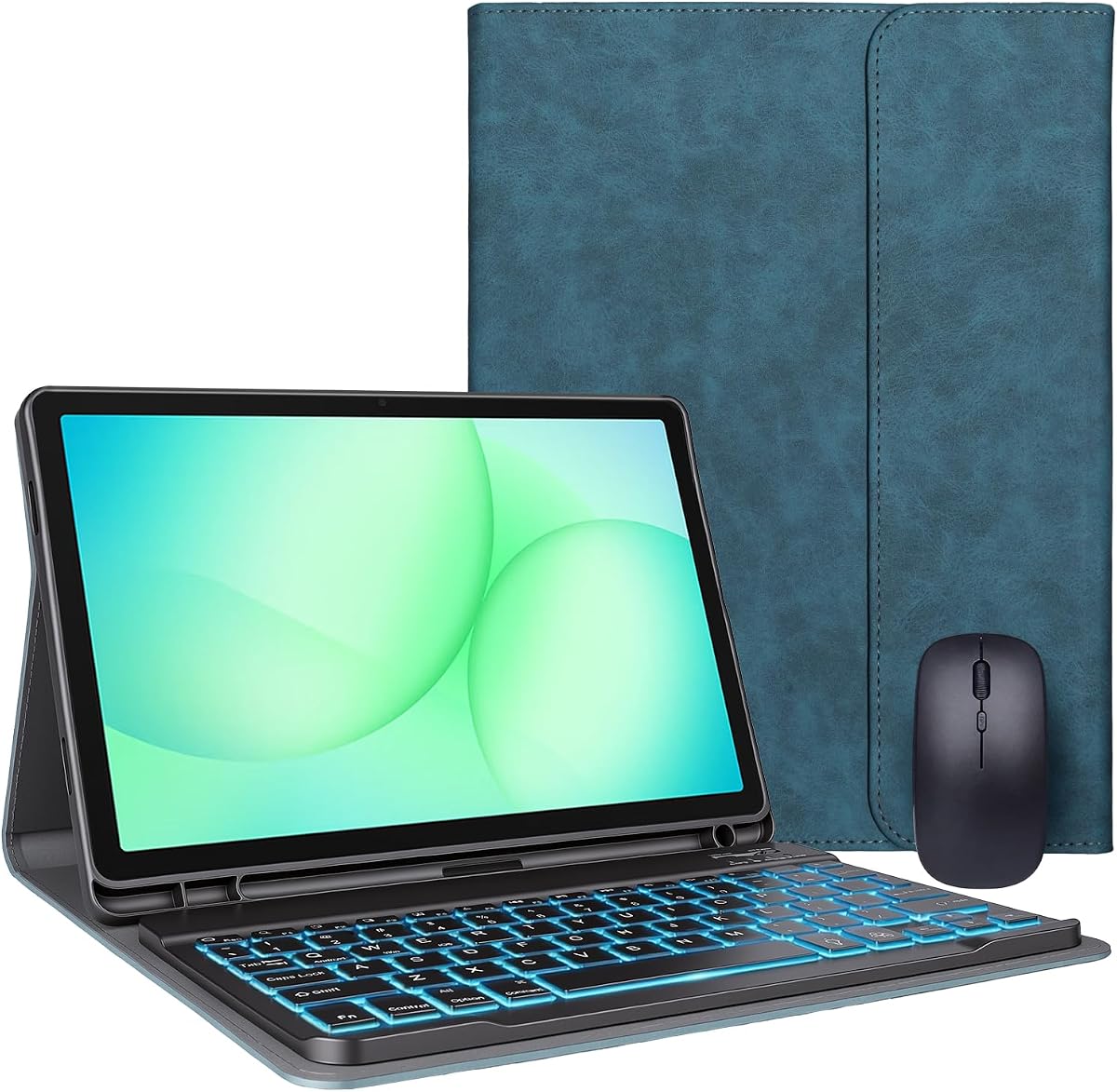 Funda para Galaxy Tab A11 Plus con teclado y Galaxy Tab A9 Plus de 10,9 pulgadas, ratón y teclado magnético con retroiluminación arcoíris de 7 colores, funda de piel sintética con portalápices para Galaxy A11+/A9+, verde