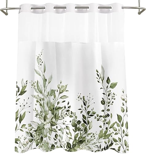 Vista 210 de Tititex - Juego de cortinas de ducha de eucalipto verde oliva, hojas de acuarela en la parte superior con decoración floral de baño, 60 x 72 Hojas