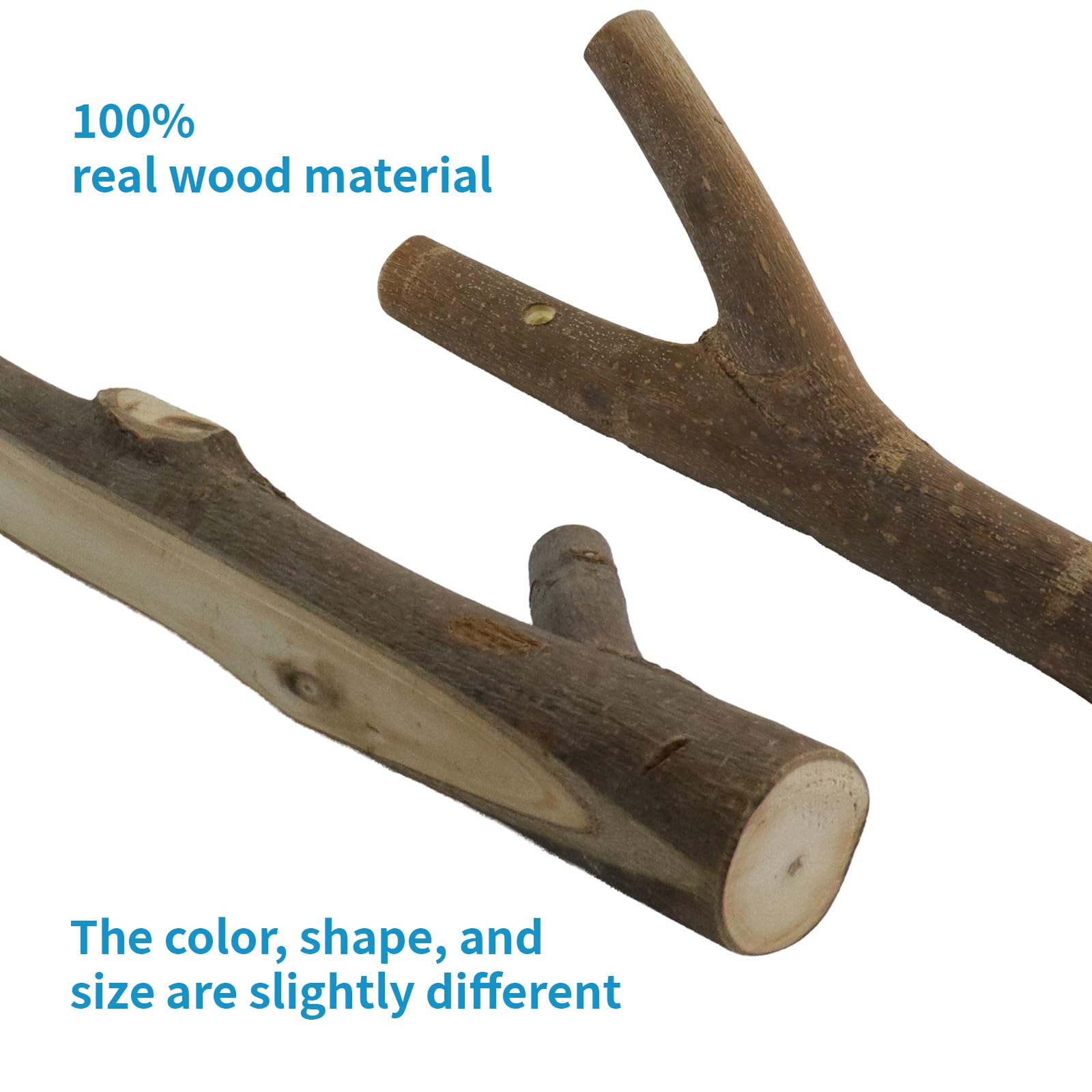 2 ganchos de pared dobles de madera real con ramas de árbol, rústico decorativo de madera con tronco de corteza de 2 cm a 3,5 cm de grosor con tornillo