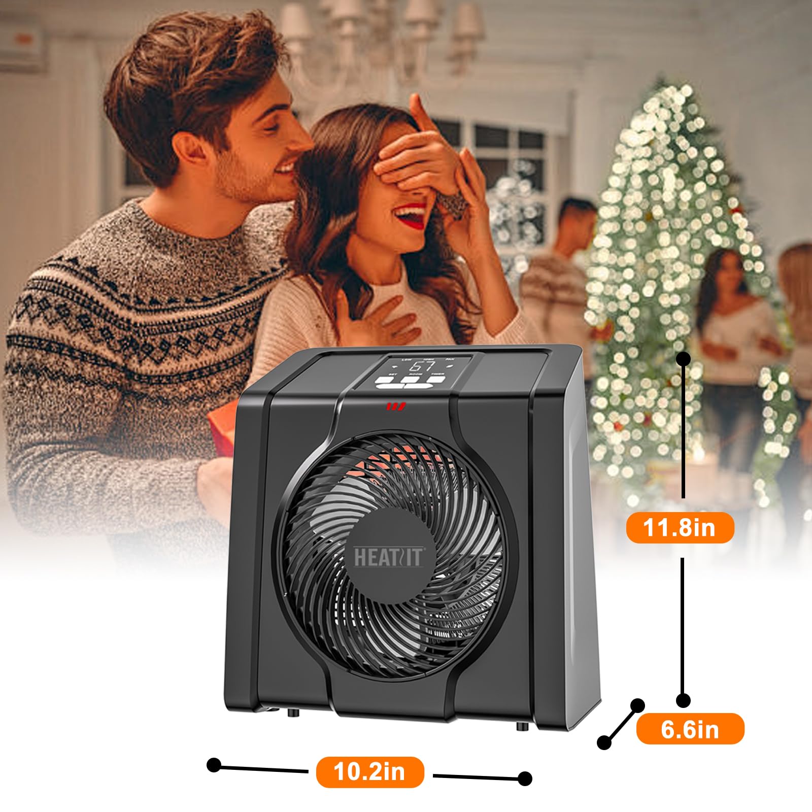 Calentador de espacio para interiores, pantalla digital con termostato, temporizador de 1-12 horas, modo de ventilador, 1500 W/750 W, calentador eléctrico para oficina, dormitorio, negro, 10.6 9