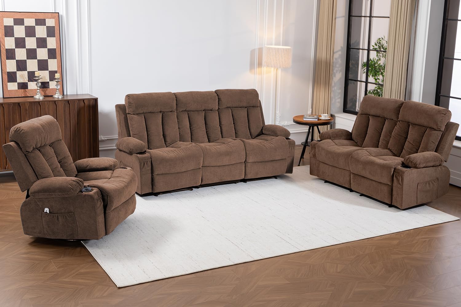 Manual Reclining Sofa Set, 3 Piece Recliner Living Room Furniture Sets with Side Pockets, Cup Holders for Home Theater, Office (Brown, Sofa+Loveseat+Chair)
