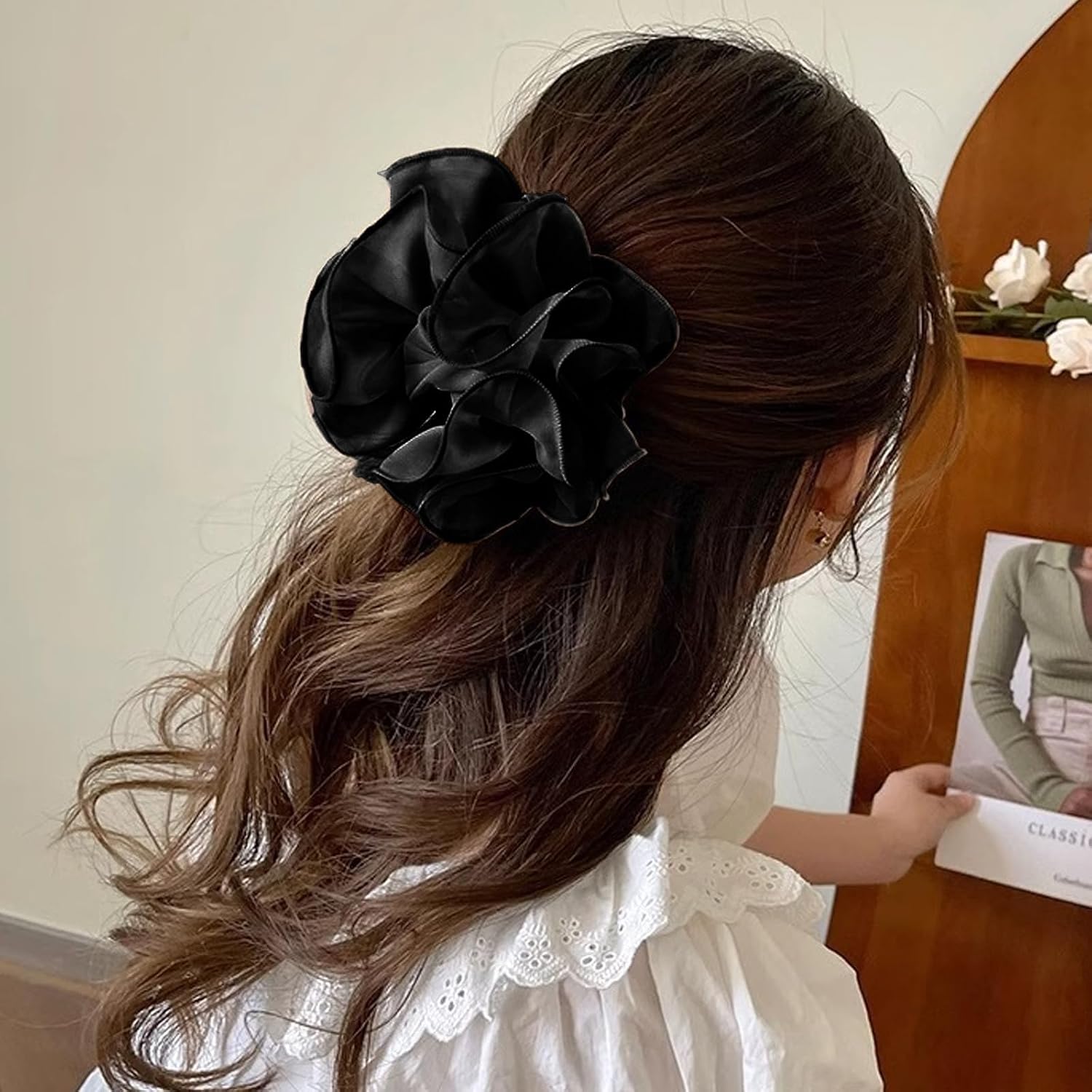 2 Pcs Black Large Chiffon Rose Hair Claw Clip, Jaw Claw Hair Clips image 4