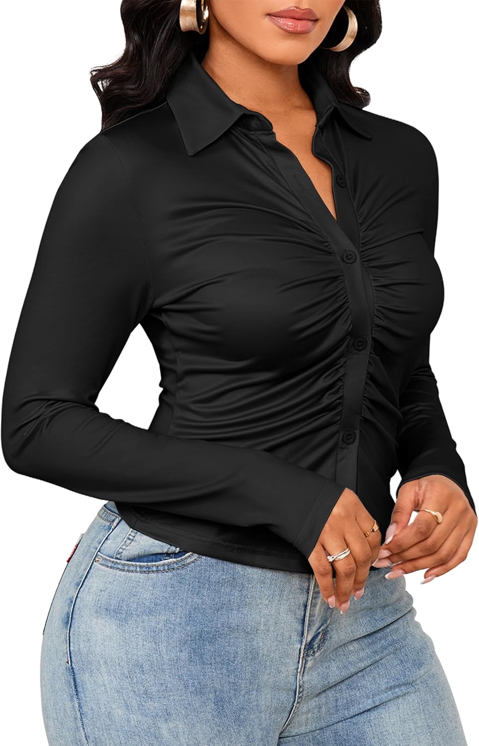 LovelyWholesale Women Sexy Button Down Shirts Long Sleeve Collared Tie Dye Tops - Image 7