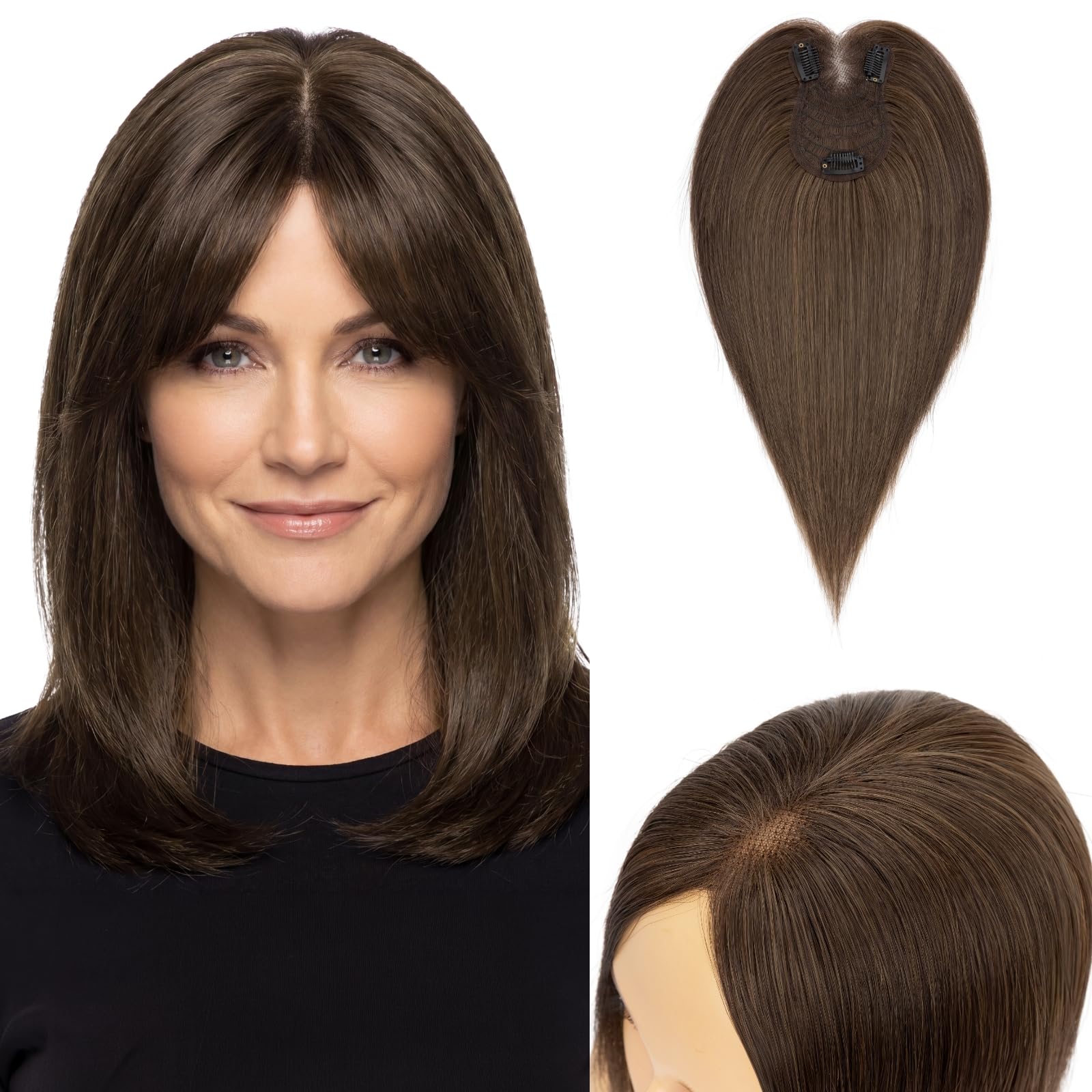 MY-LADY Hair Topper Cabello Humano Invisible Marrón Oscuro 40g 35cm | Base Lace 8x11,5cm – natural & invisible, tejida a mano, ligera y transpirable, con 3 clips.