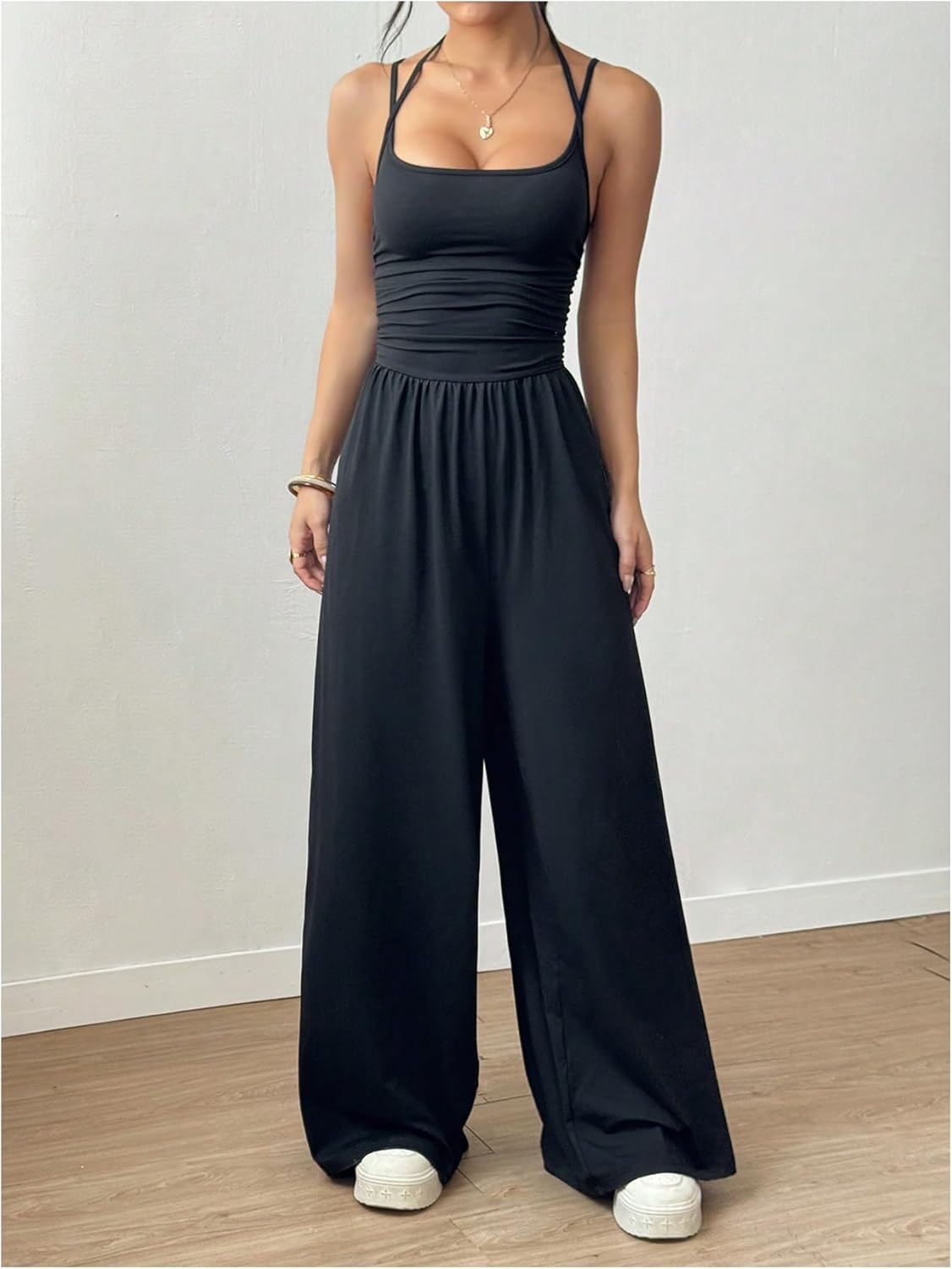 Floerns Women's Summer Jumpsuit Spaghetti Strap One Piece Outfit Wide Leg Baggy Pants Romper - Image 3