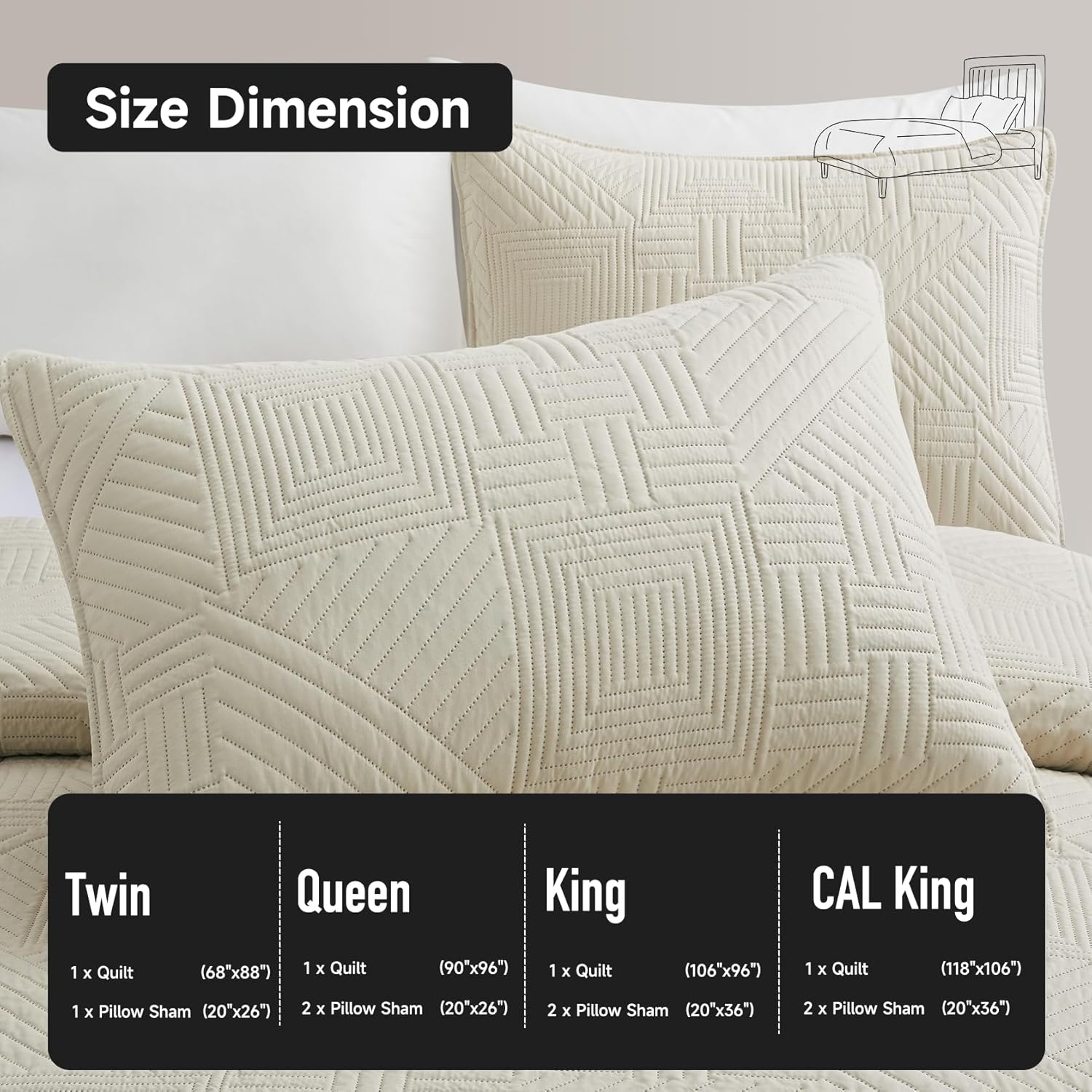 Lavsiry Beige Quilt Full/Queen Size with Pillow Shams, Summer Soft Geometric Pattern Bedspread, 3 Pieces Lightweight Coverlet Bedding Set for All Seasons