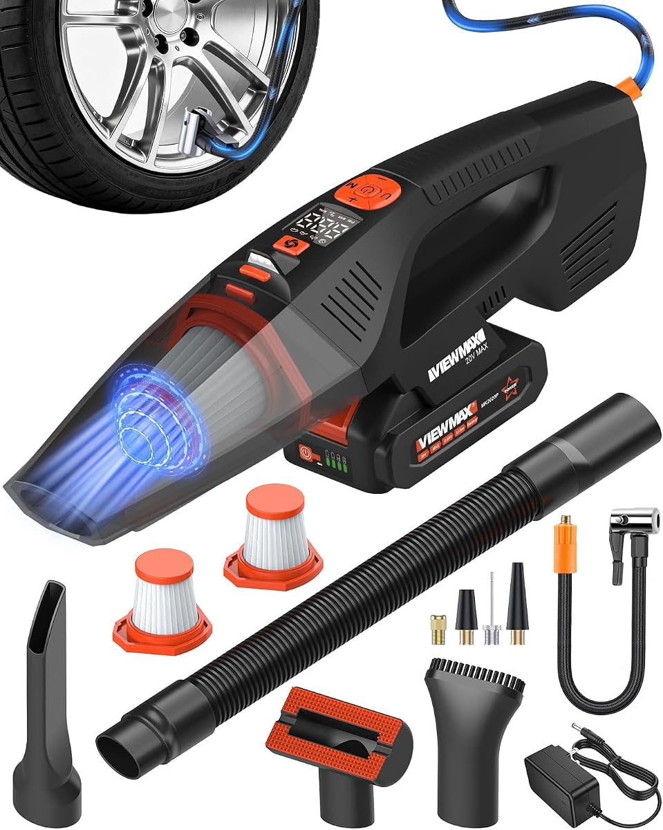 2-in-1 Cordless Car Vacuum and Tire Inflator, 18000Pa Suction | 20V Portable Car Vac Cleaner & 150 PSI Air Pump, Handheld Vacuum with Air Compressor, for Tires Pump and Car Cleaning