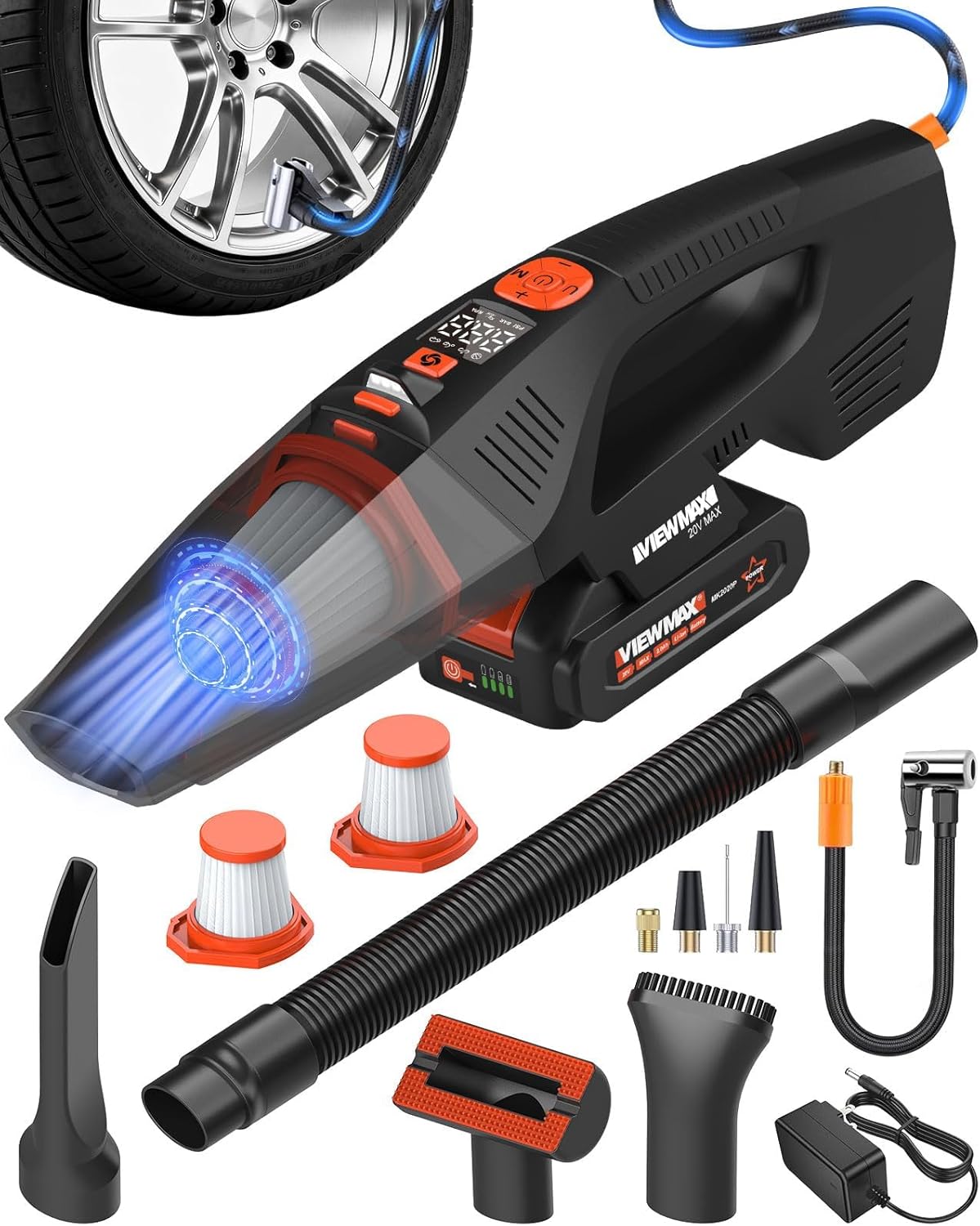 2-in-1 Car Vacuum and Tire Inflator - 20V Cordless Handheld Vacuum Cleaner & 150PSI Air Pump with Pressure Gauge, 18000Pa Suction, Portable Air Compressor for Tires Pump and Car Cleaning
