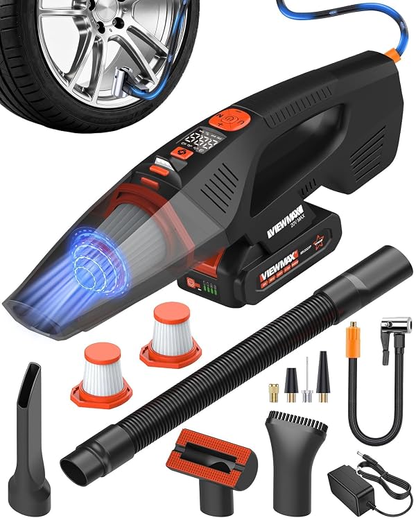 Viewmax 2-in-1 Cordless Car Vacuum and Tire Inflator - 20V Handheld Vacuum Cleaner & 150 PSI Air Pump, 18000Pa Powerful Suction, Portable Vac Air Compressor for Tires Pump and Car Cleaning by Viewmax - Used condition - US$52.72