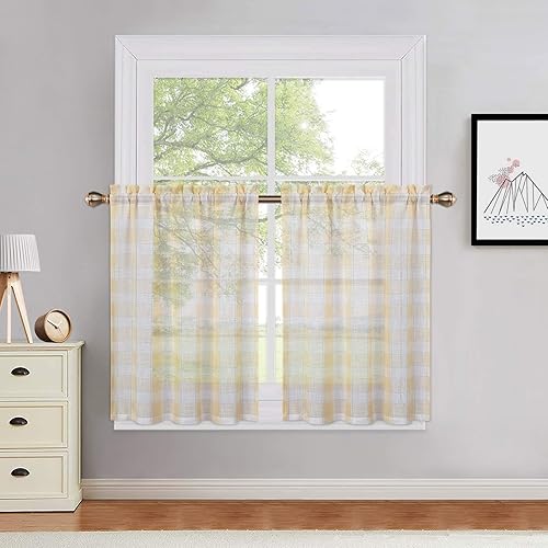 GlowSol Cortinas de cocina de 24 pulgadas de largo, cortinas de lino con textura de cuadros para cafetería, paneles de ventana de cocina a cuadros,