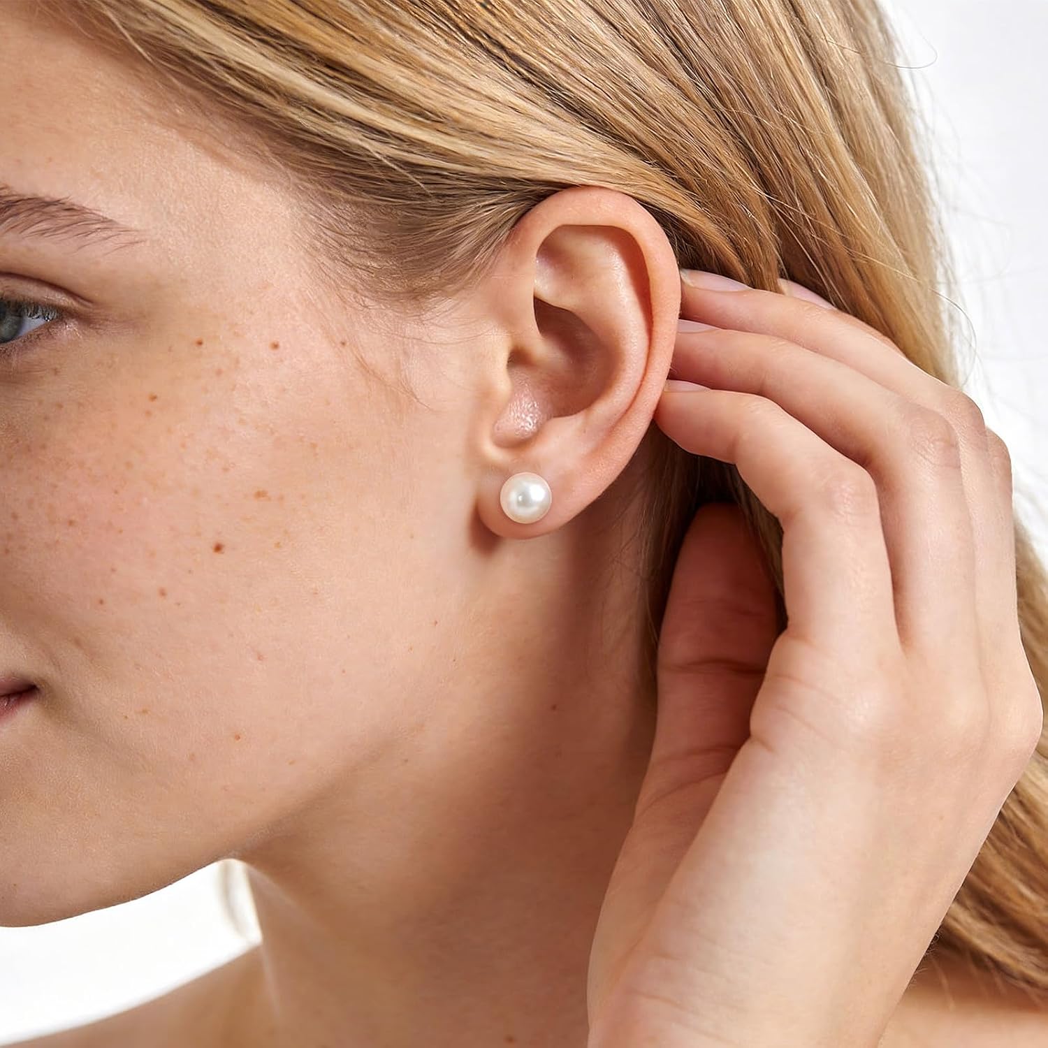 Natural Freshwater Pearl Stud Earrings, White AAA+ Grade, 925 Sterling Silver, Hypoallergenic Push Back Closure, Classic Minimalist Style