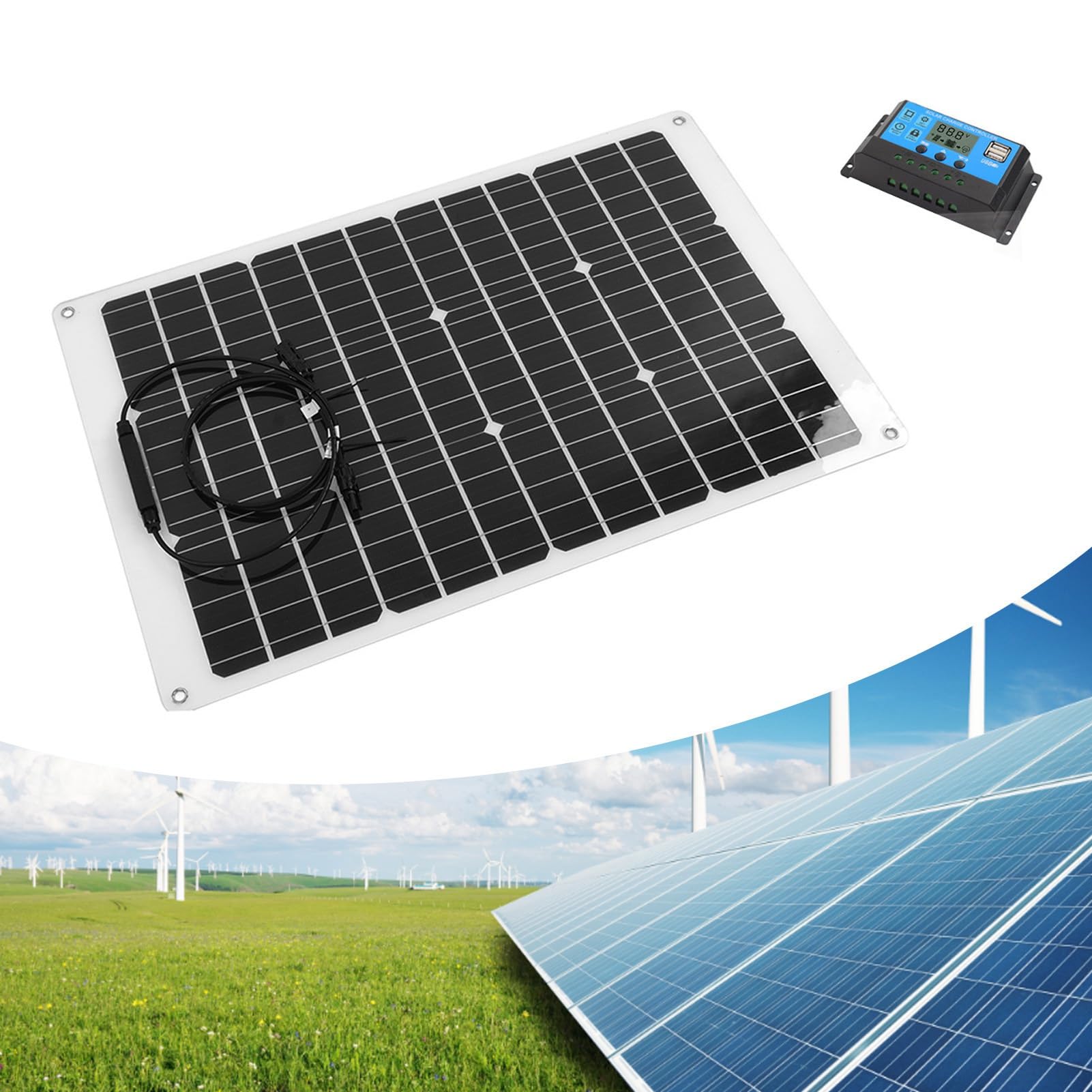 Aramox Kit Pannello Solare Flessibile, Set Pannello Solare Controller PET Monocristallino 70W 20V 4A con Diodo di Blocco Controller 40A per Tenda Cabina Barca Batteria 12V
