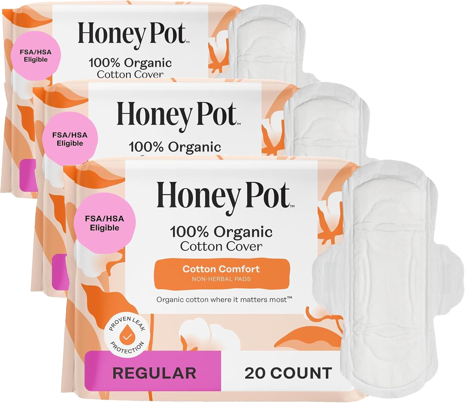 The Honey Pot Company - Sanitary Pads for Women - Non-Herbal Regular Flow w/Wings - Organic Cotton Cover & Ultra-Absorbent Pulp Core - Feminine Care - 20 ct (Pack of 3)