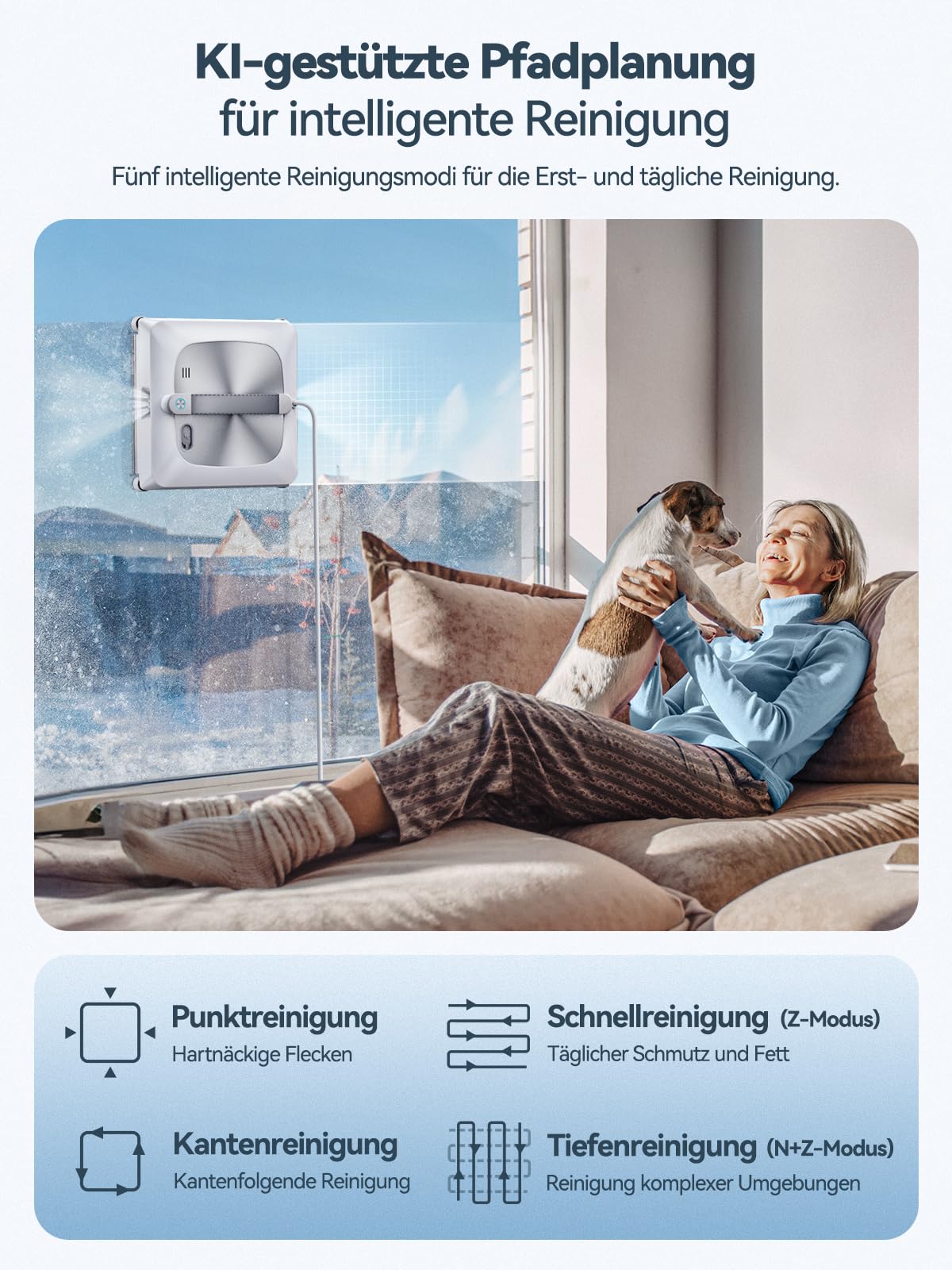 Keero Fensterputzroboter 2026 Upgrade 6Gen mit Doppelwalzenbürste, Vier Eckbürsten, 9000Pa, 6 Düsen, 110ml Wassertank, Intelligente Navigation, Reinigungsfrequenz variabel, Absturzsicherung