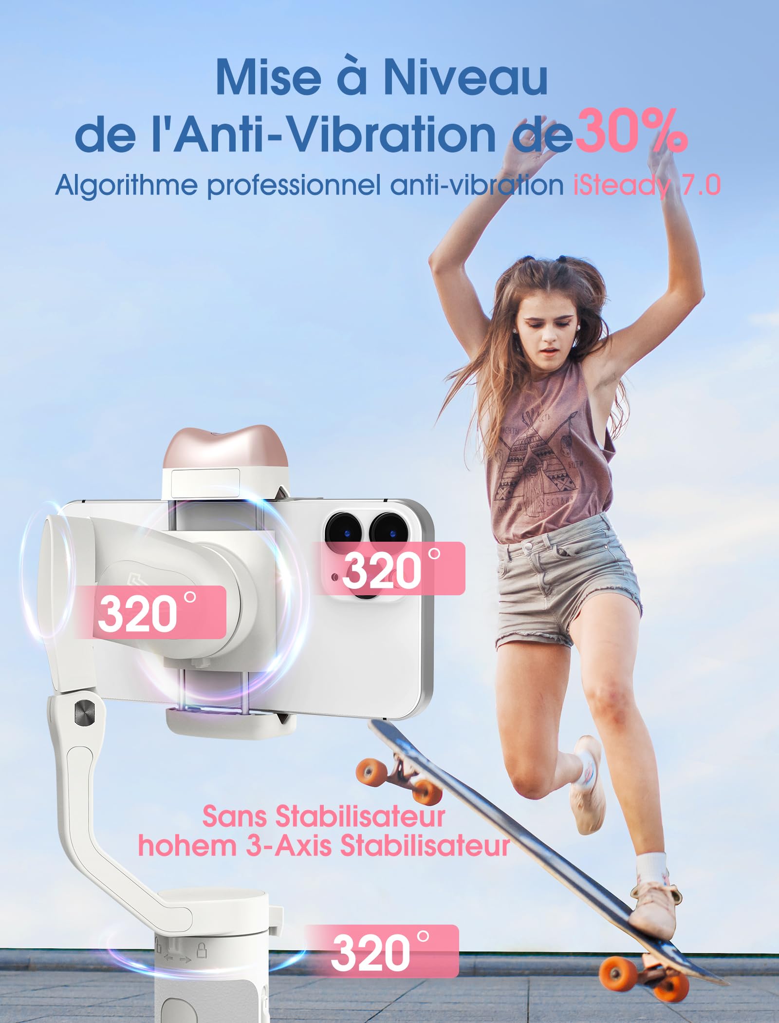 hohem iSteady V2S 3 Axes Stabilisateur pour Smartphone, AI Tracking, Portable et Pliable, pour Android et iPhone avec Lumière de Remplissage, Stabilisateur pour Vlogging/Youtube/TikTok