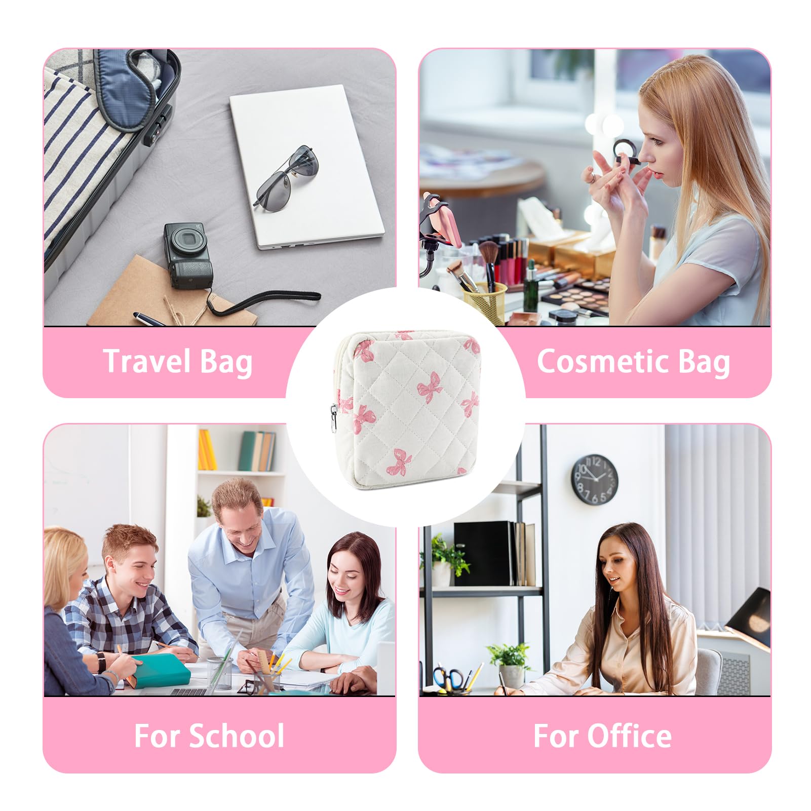 Tmtains Kleine Make-up-Tasche für Geldbörse, Mini-Baumwolle, gesteppt, Kosmetiktasche für Damen, niedliche rosa Schleife, Make-up-Tasche, tragbare Reise-Kulturbeutel mit Reißverschluss, Damenbinde