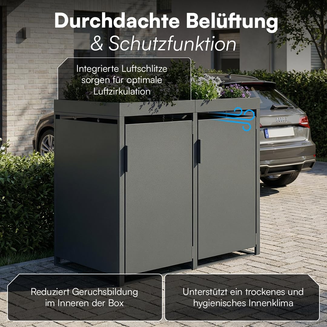 STEELSØN Thoria Mülltonnenbox 2er bis 240L mit Pflanzendach – Mülltonnenverkleidung aus Stahl für 2 Tonnen – Müllcontainer in Anthrazit – Müllbox mit Pflanzenkasten – Gerätebox 125x80x134 cm (HxTxB)