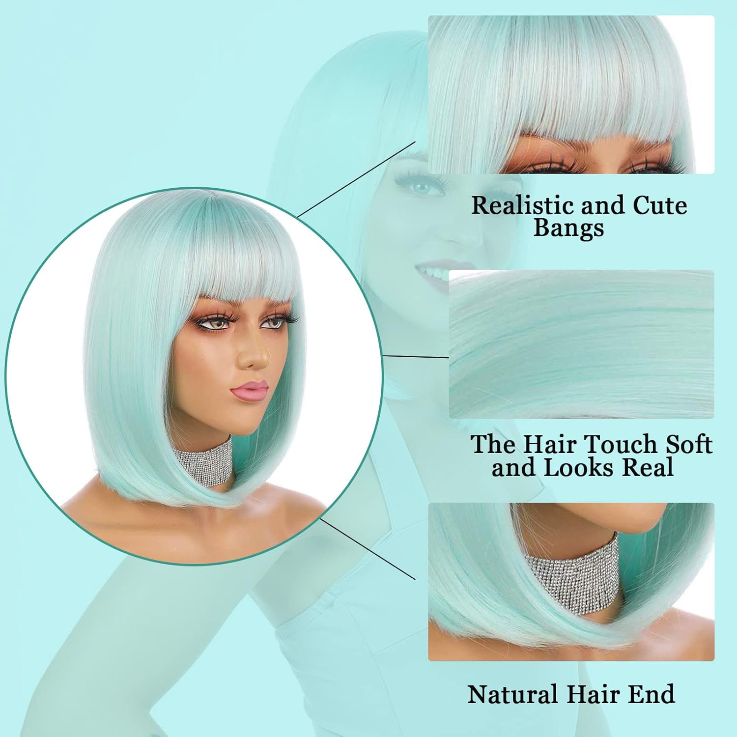 eNilecor Short Bob Hair Wigs 12" Straight with Flat Bangs Synthetic Colorful Cosplay Daily Party Wig for Women Natural As Real Hair+ Free Wig Cap (Mint Green)