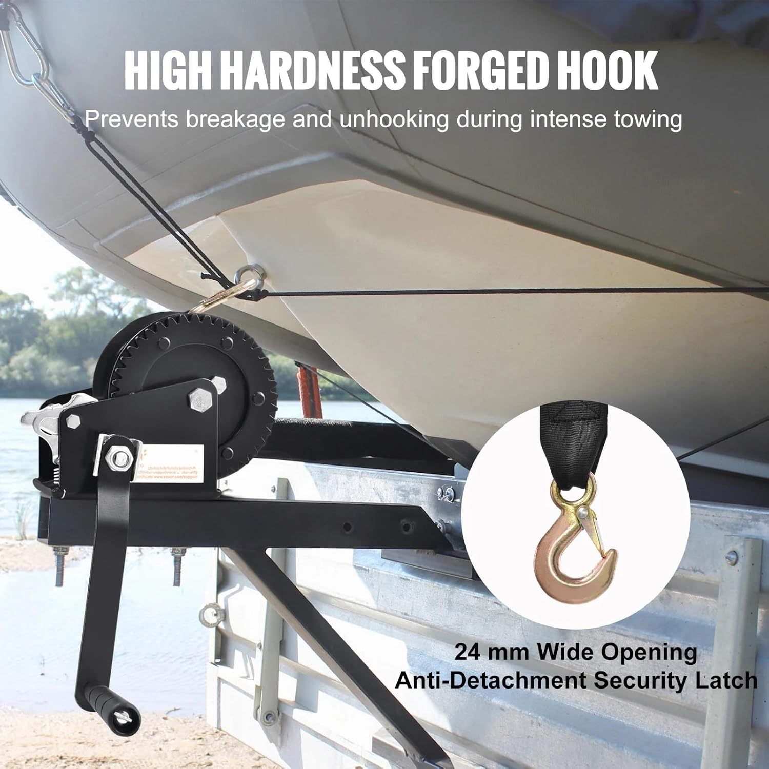 Manual Winch,Operated Crank Winch Marine Puller,with Polyester Strap & Two-Way Ratchet,for Boat Trailer