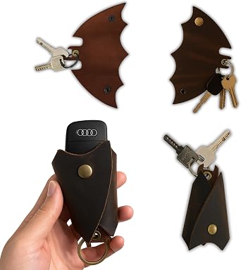 Bat-Shaped Leather Keychain, Premium Car Key Fob Holder for Men Women, Batman Keyring Accessory, Zinc Alloy Ring Cover, Full-Grain Leather Car Keychain for Gifting & Everyday Use