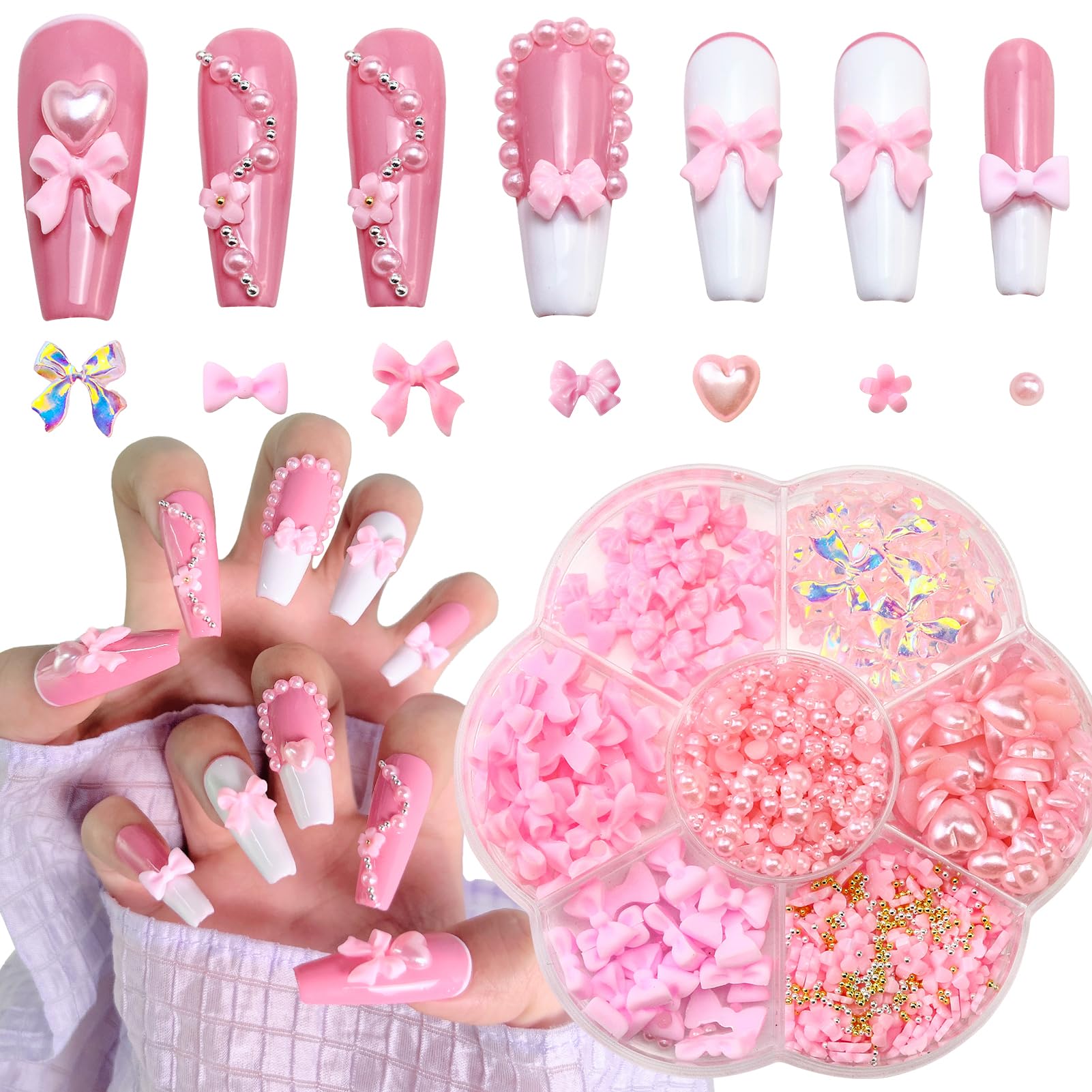 Pink Bow Nail Charms, 3D Bowknot Nail Stud Rhinestones, Bow and Pearl Charms for Nail Art Decoration Resin Jewelry Supplies