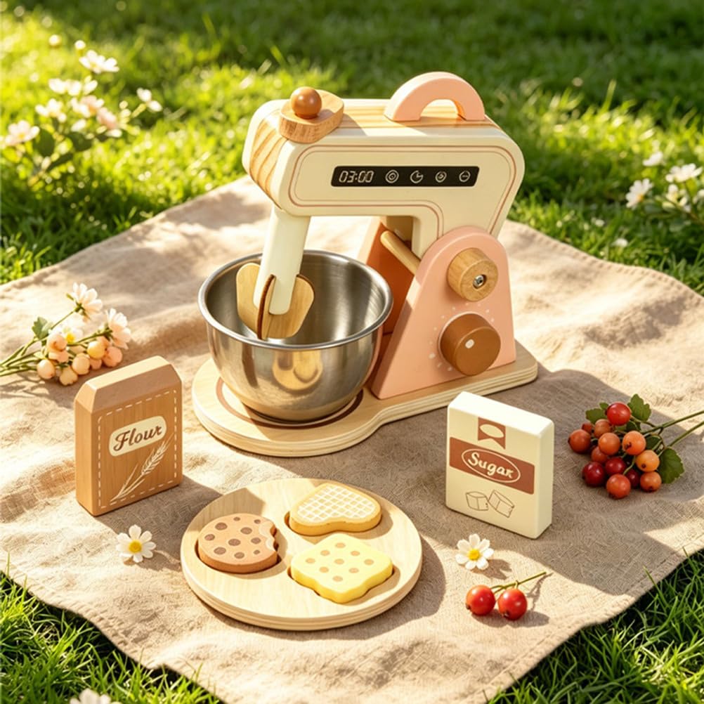 Set da Gioco per Cucinare con Mixer di Legno, Giocattolo di Ruolo per finzione in Cucina