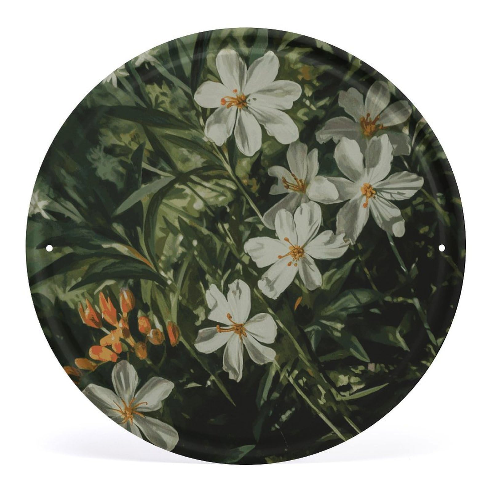 Fodpand Style Flowers And Green Leaves Round Wall Art Hanging Decorations, Wall Decor Modern Minimalist Artwork, Tin Sign Hanging Picture For Living Room, Bedroom, Office, Hallway, 11.8X11.8 Inch