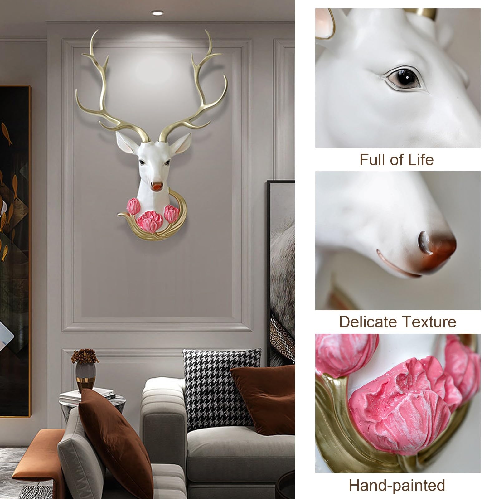 CMYCYDDPLY Testa di Cervo Decorazione da Parete, Decorazioni Camera da Letto in Resina, Decorazione da Parete con Teste di Animali, Sfondo Parete TV(White)