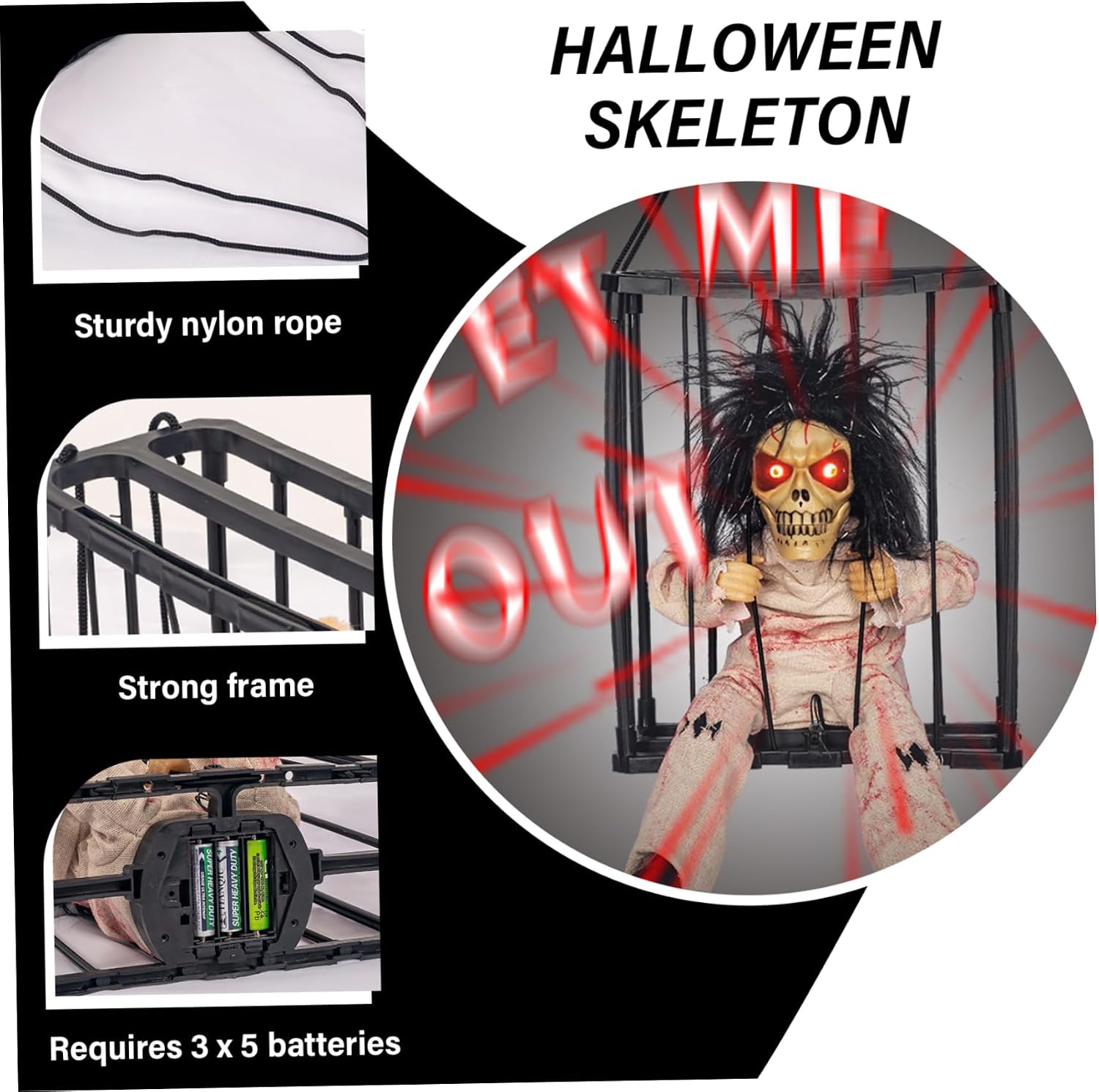 Halloween Animatronics Hanging Light-up Eyes Sounded Hanging Skull Cage Prisoner with Motion Sensor Activated, Animated Skeleton Decorations for Party Haunted House Yard Lawn image 4