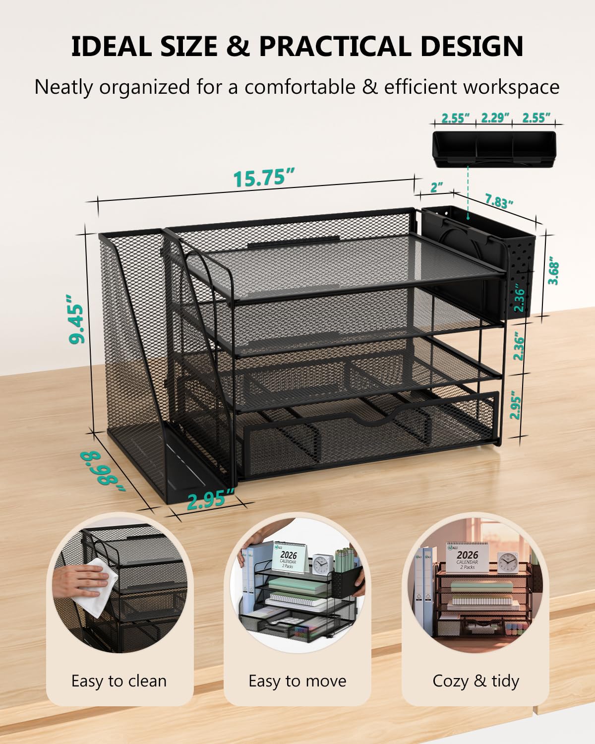 WALI Desk File Organizer, 4 Tier Desktop Paper Letter Tray Organizer with Drawer and 2 Pen Holders, Office Desk Accessories & Workspace Organizers for Office, Home Supplies(DO005DH-2B), 2 Packs, Black view 8