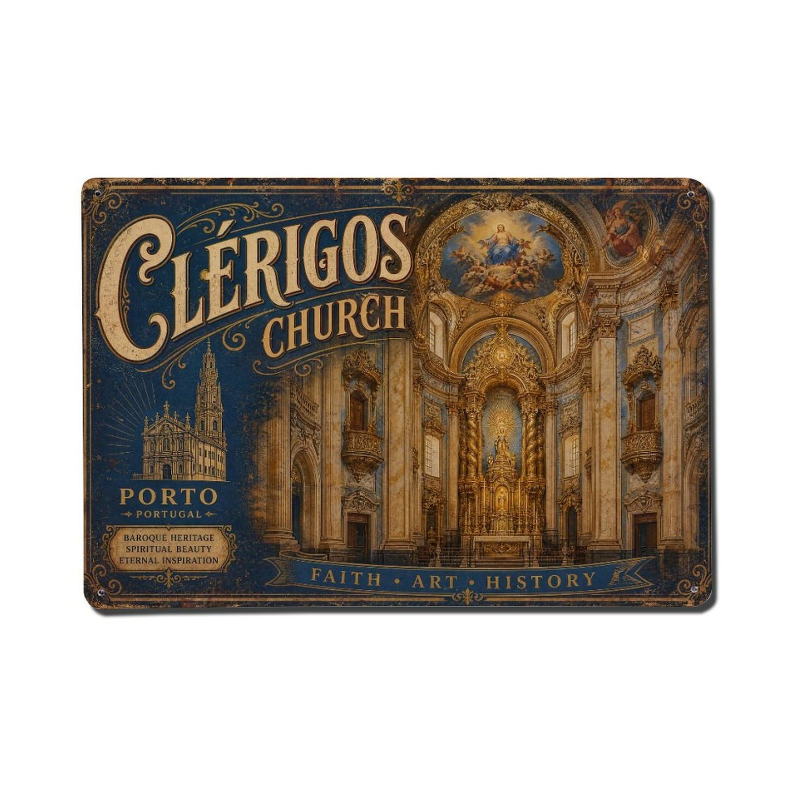 Yrnq 08X12inch Vintage Style Vintage Clerigos Church Interior Baroque Splendor Portugal Metal Tin Sign