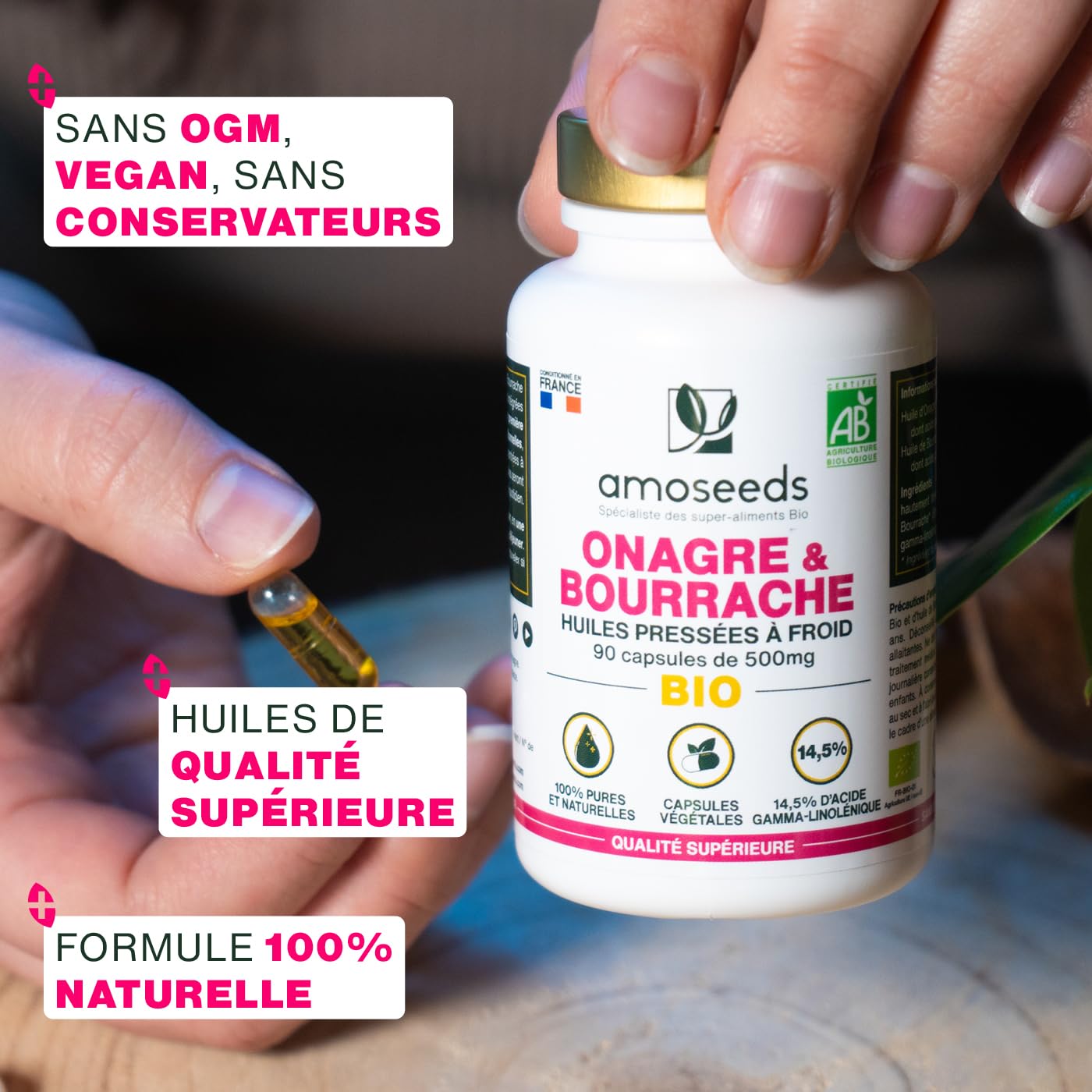 Huile d’Onagre et Bourrache BIO | Première pression à froid | 14,5% acide gamma-linoléique | 90 capsules végétales, vegan | Fabriqué en France | Qualité Supérieure